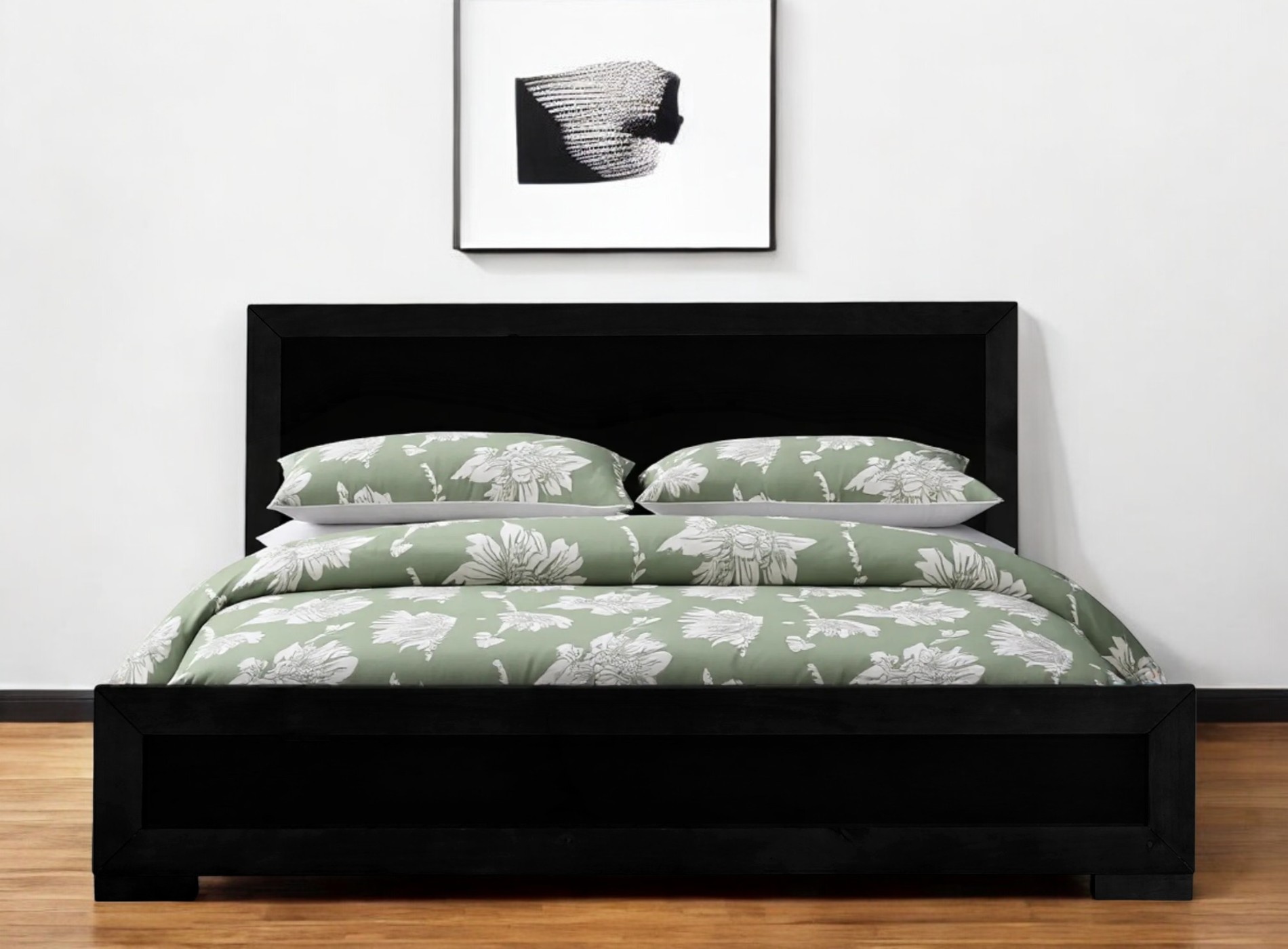 Black Inlaid Panels Solid Wood Full Bed Frame-397072-1