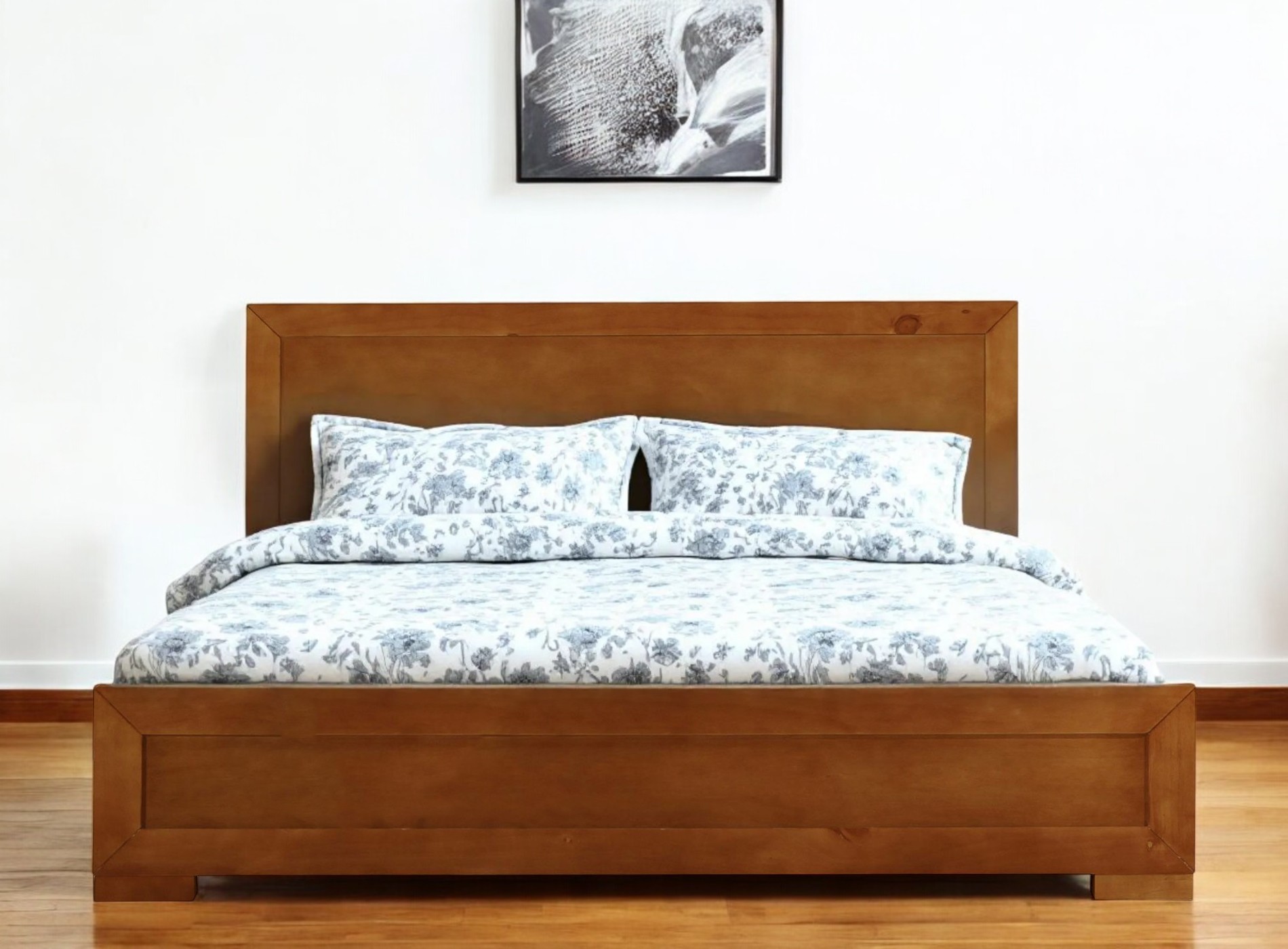 Oak Inlaid Panels Solid Wood King Bed Frame-397086-1