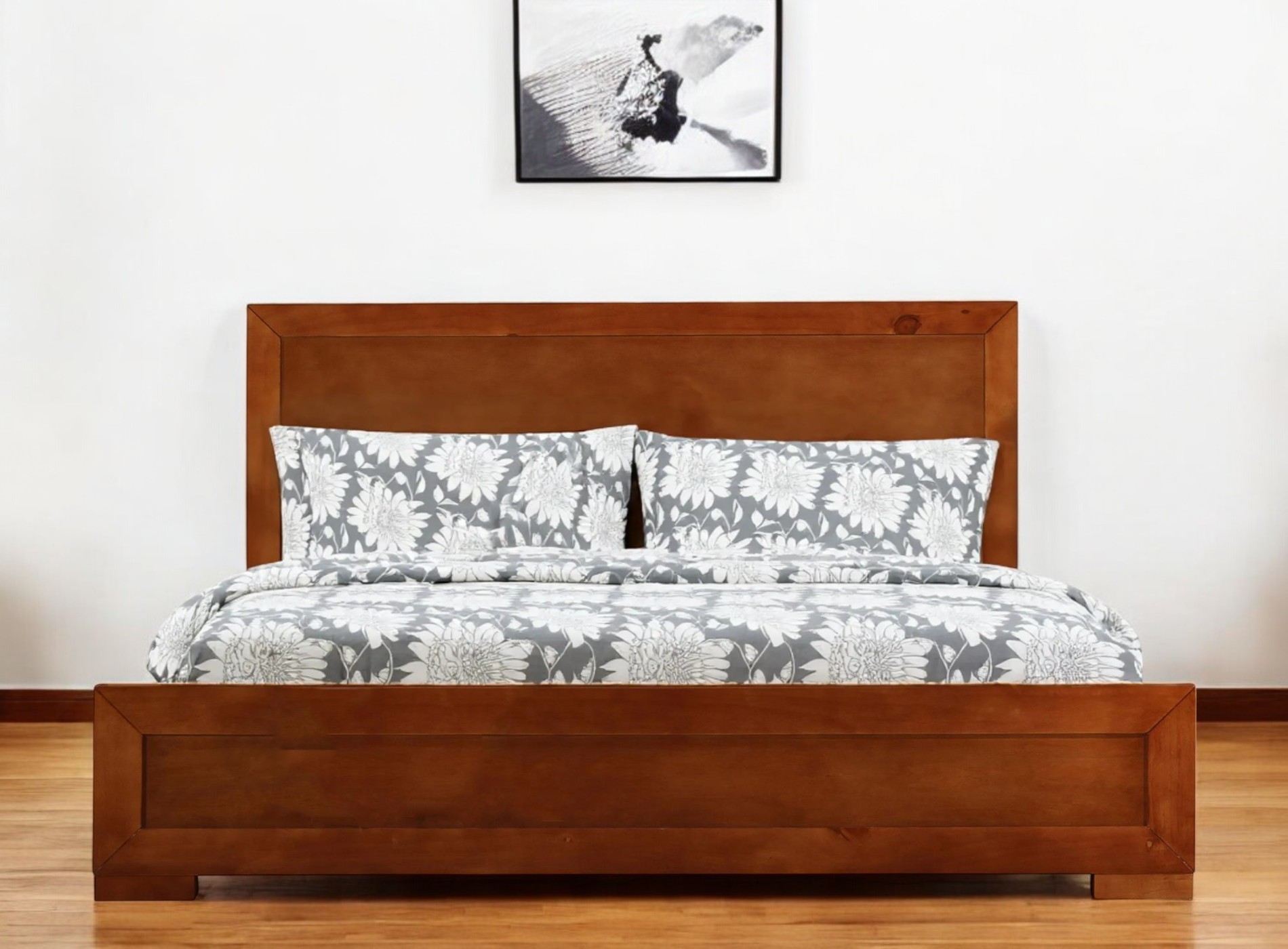 Brown Inlaid Panels Solid Wood Queen Bed Frame-397089-1