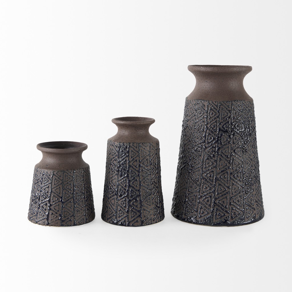 7 Inch Brown and Blue Tribal Ceramic Vase