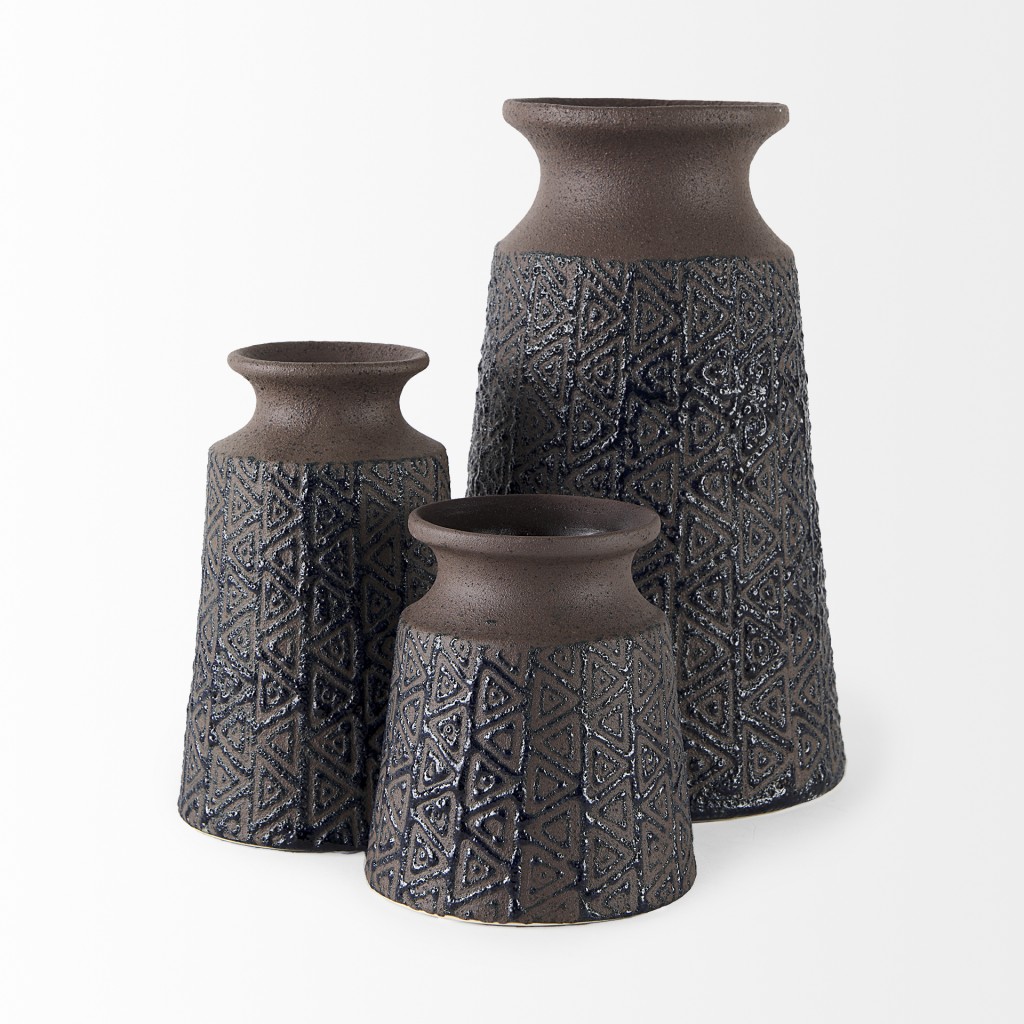7 Inch Brown and Blue Tribal Ceramic Vase