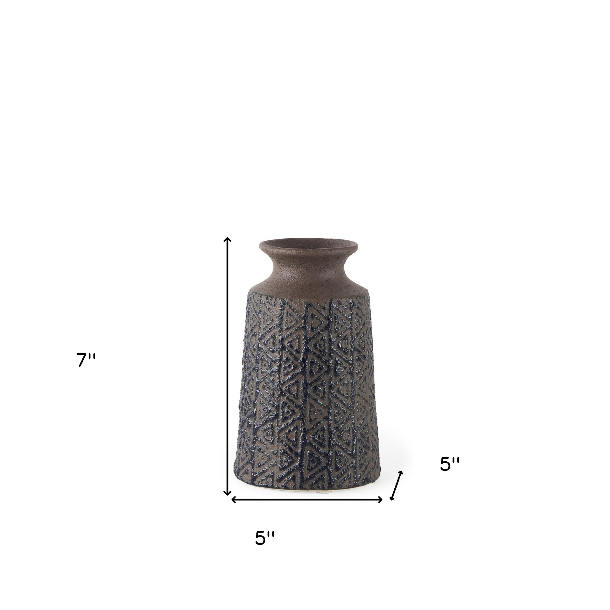 7 Inch Brown and Blue Tribal Ceramic Vase