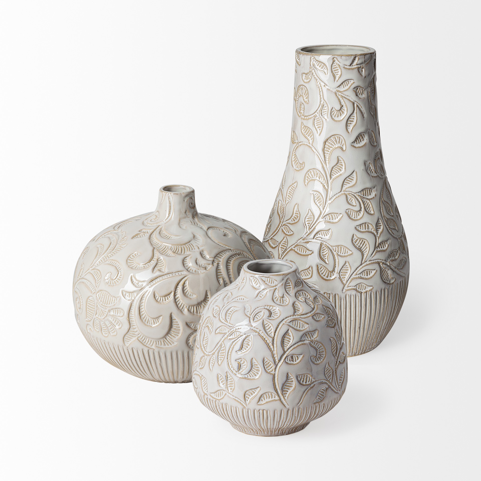 8 Inch Carved White Ceramic Vase