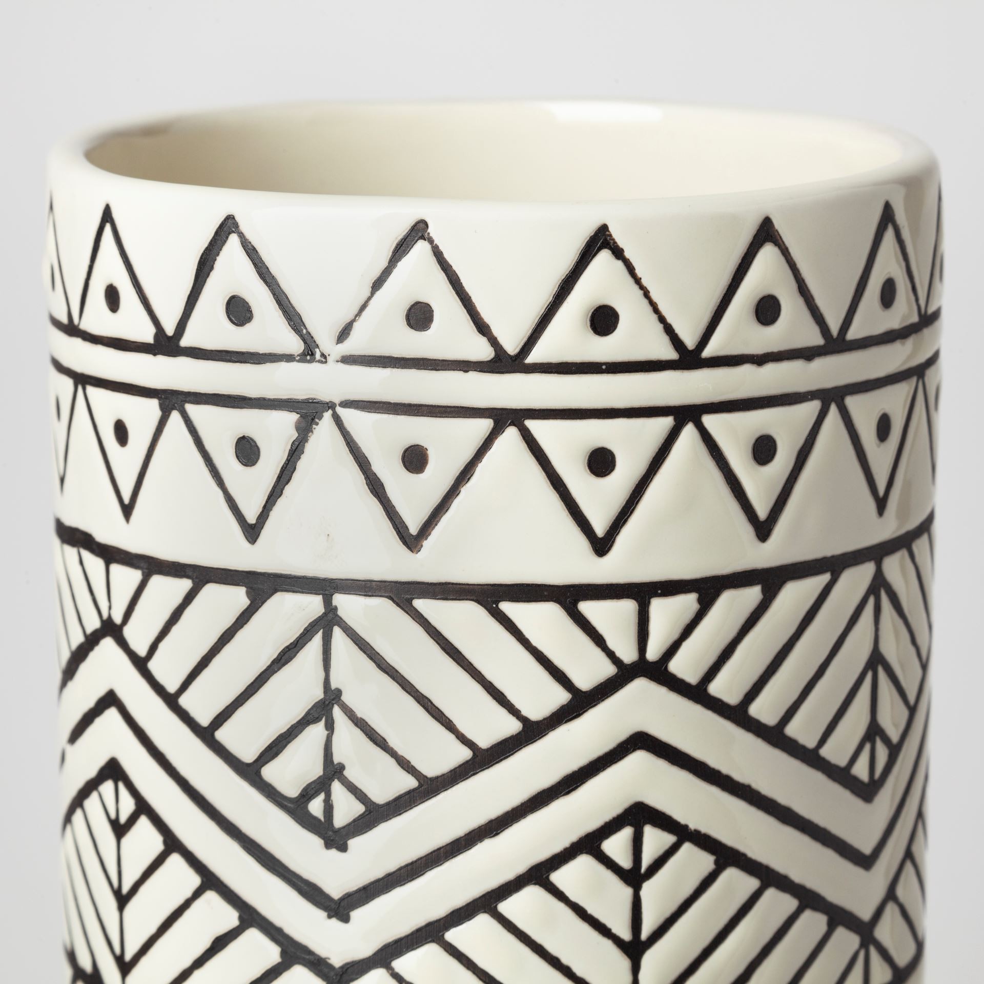 17" Black and Cream Tribal Geo Ceramic Vase