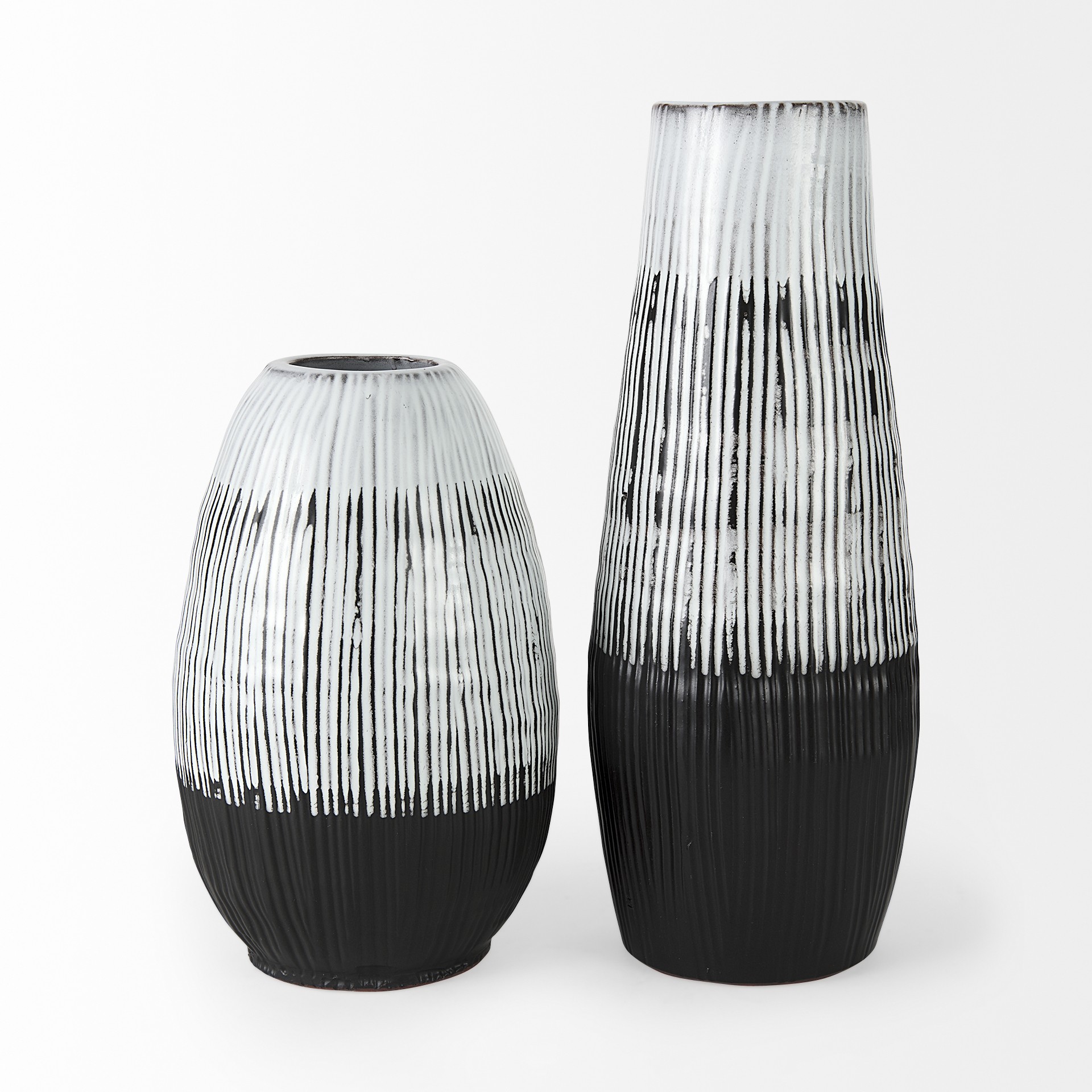 13 Inch Ceramic Vase with Black, White and Gray Patterned Lines