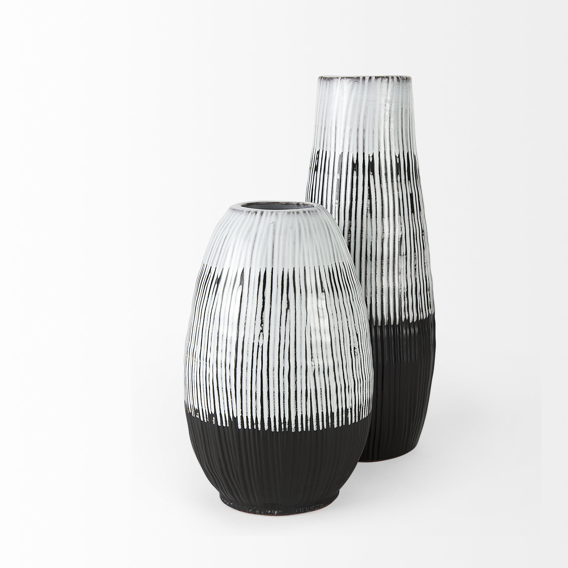 13 Inch Ceramic Vase with Black, White and Gray Patterned Lines