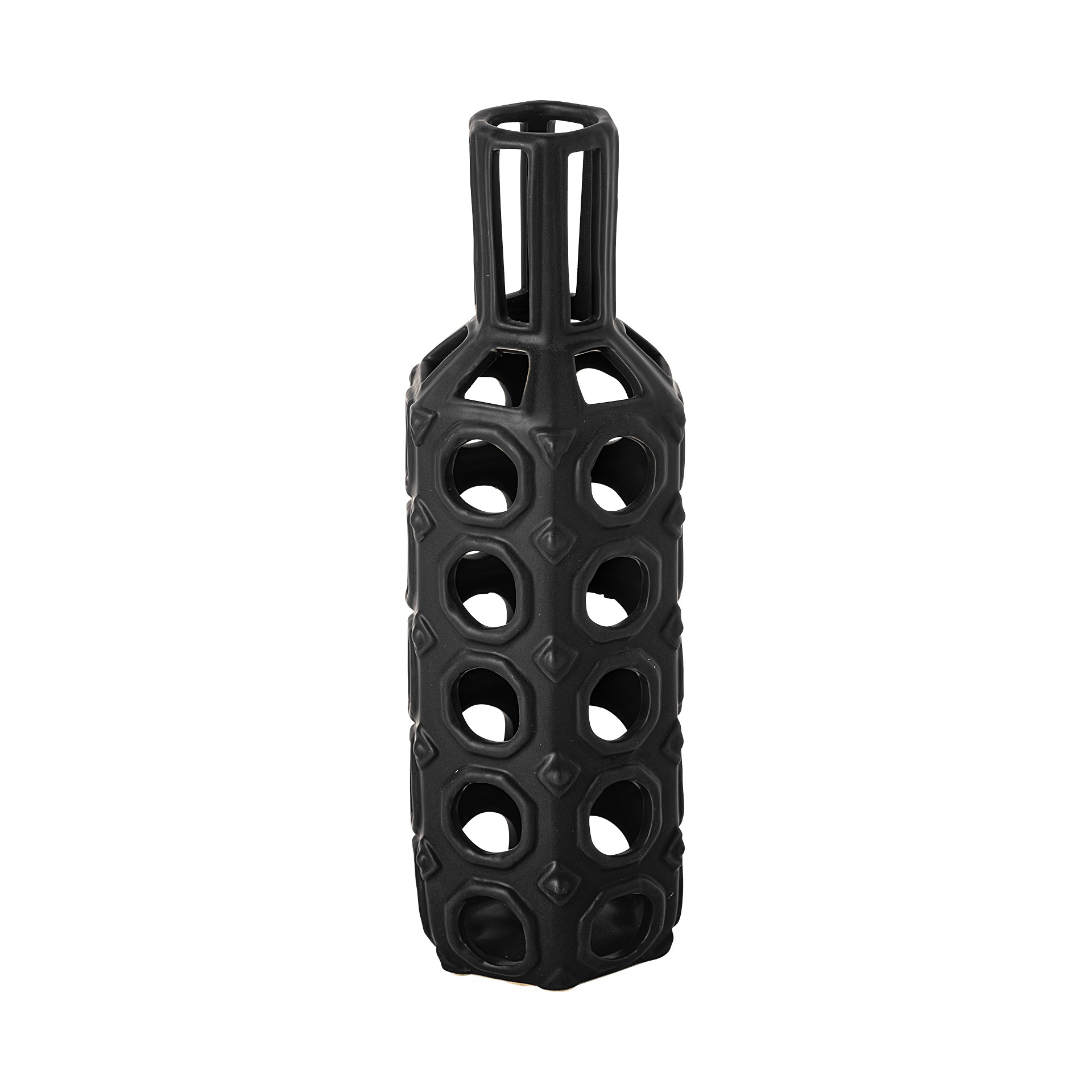 12 Inch Black Ceramic Geometric Pierced Cylinder Table Vase