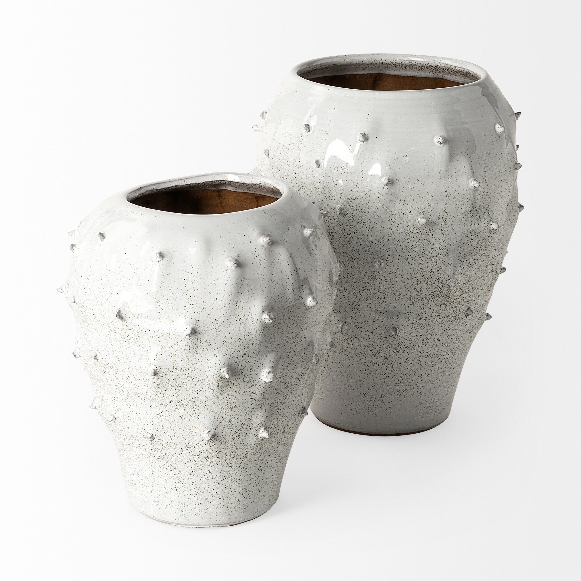 11' White Spiked Organic Glaze Large Mouth Ceramic Vase
