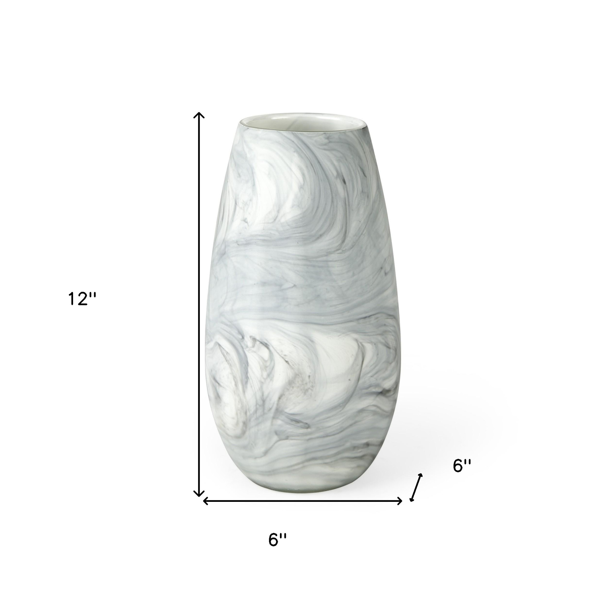 12 Inch Glass Vase with Gray and White Marble Design