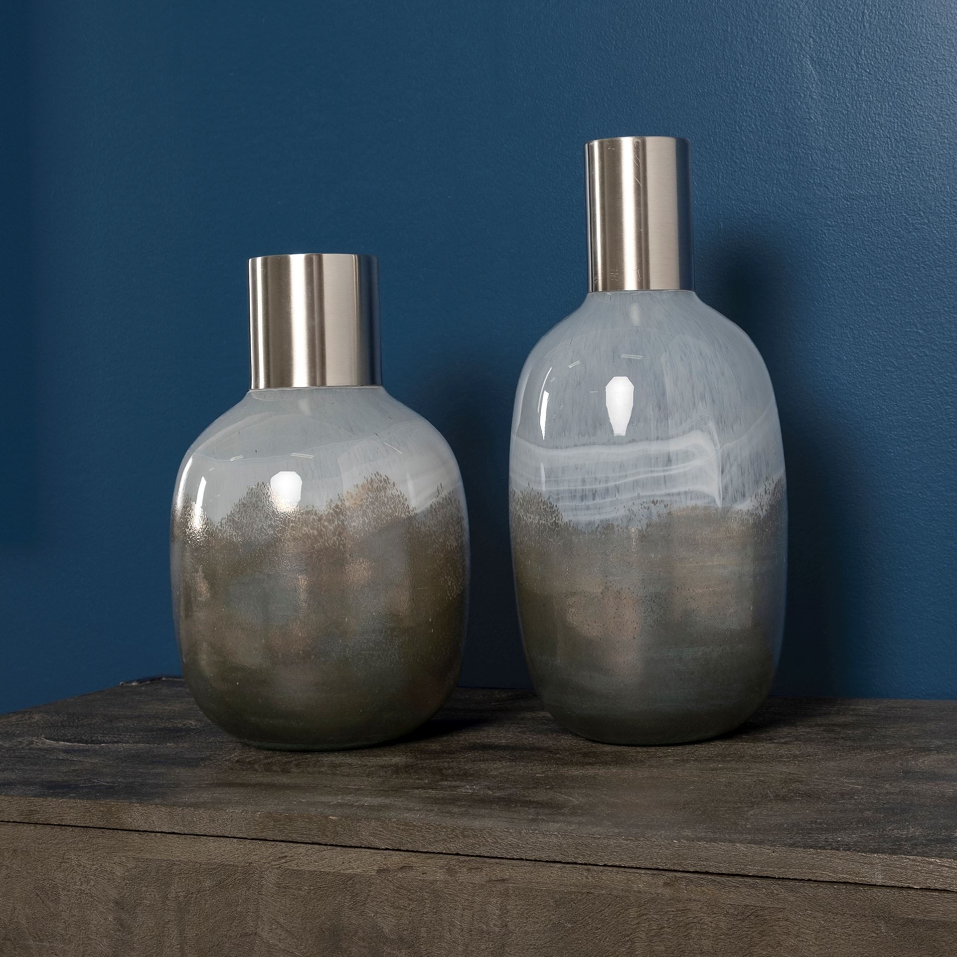 16 Inch Cream and Brown Ombre Glass Vase with Bronze Accent