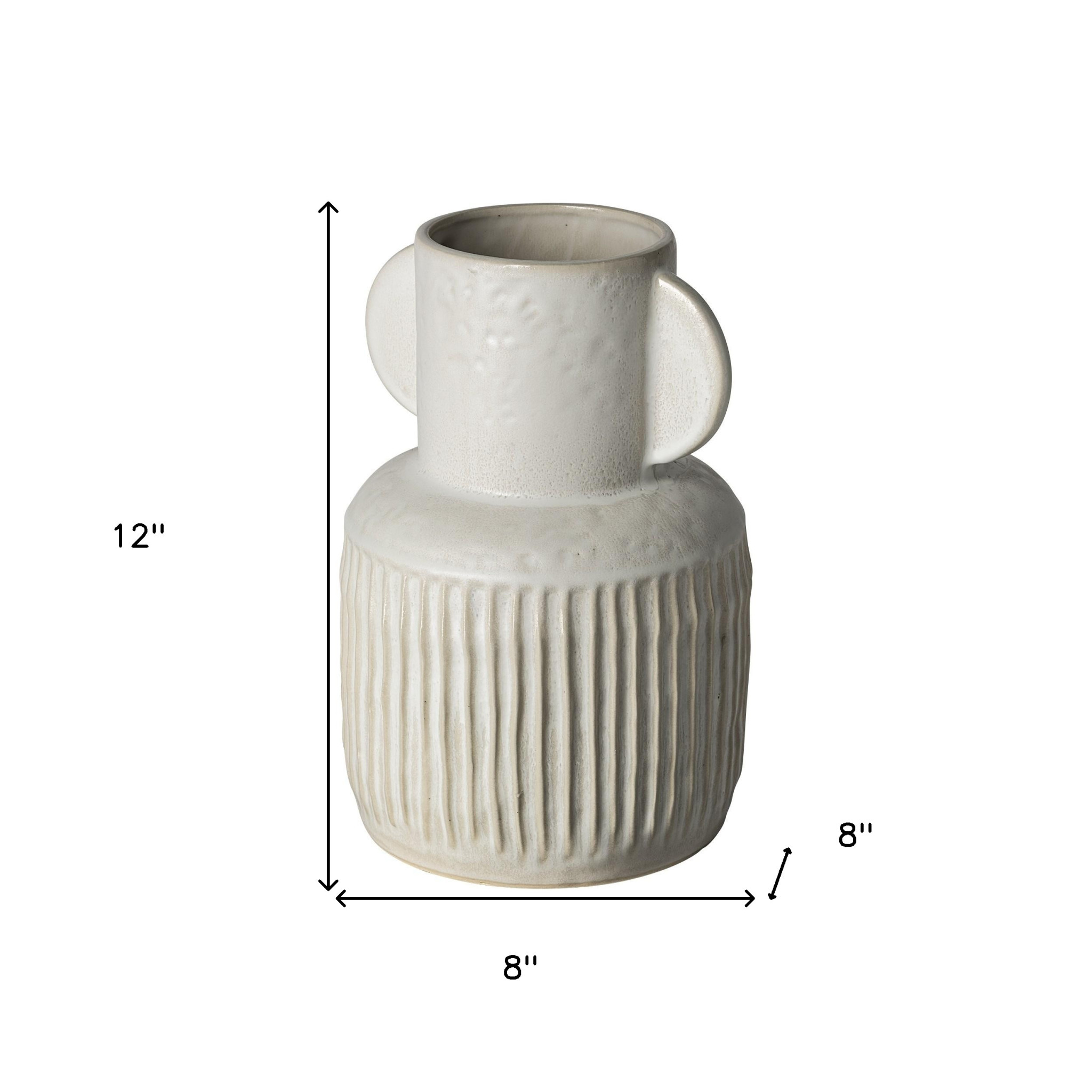 12 Inch Textured Whitewash Ceramic Vase with Handles