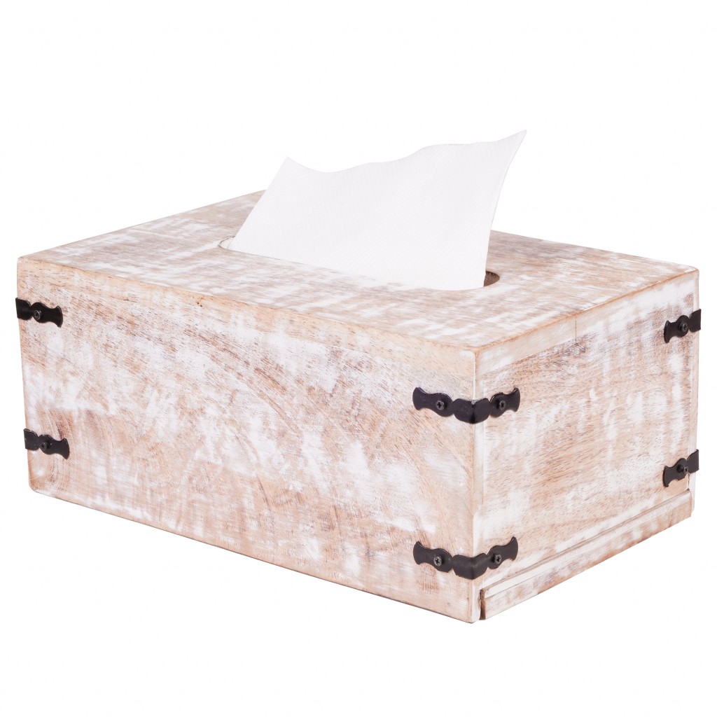 Rustic White Mango Wood Rectangular Tissue Holder-397649-1
