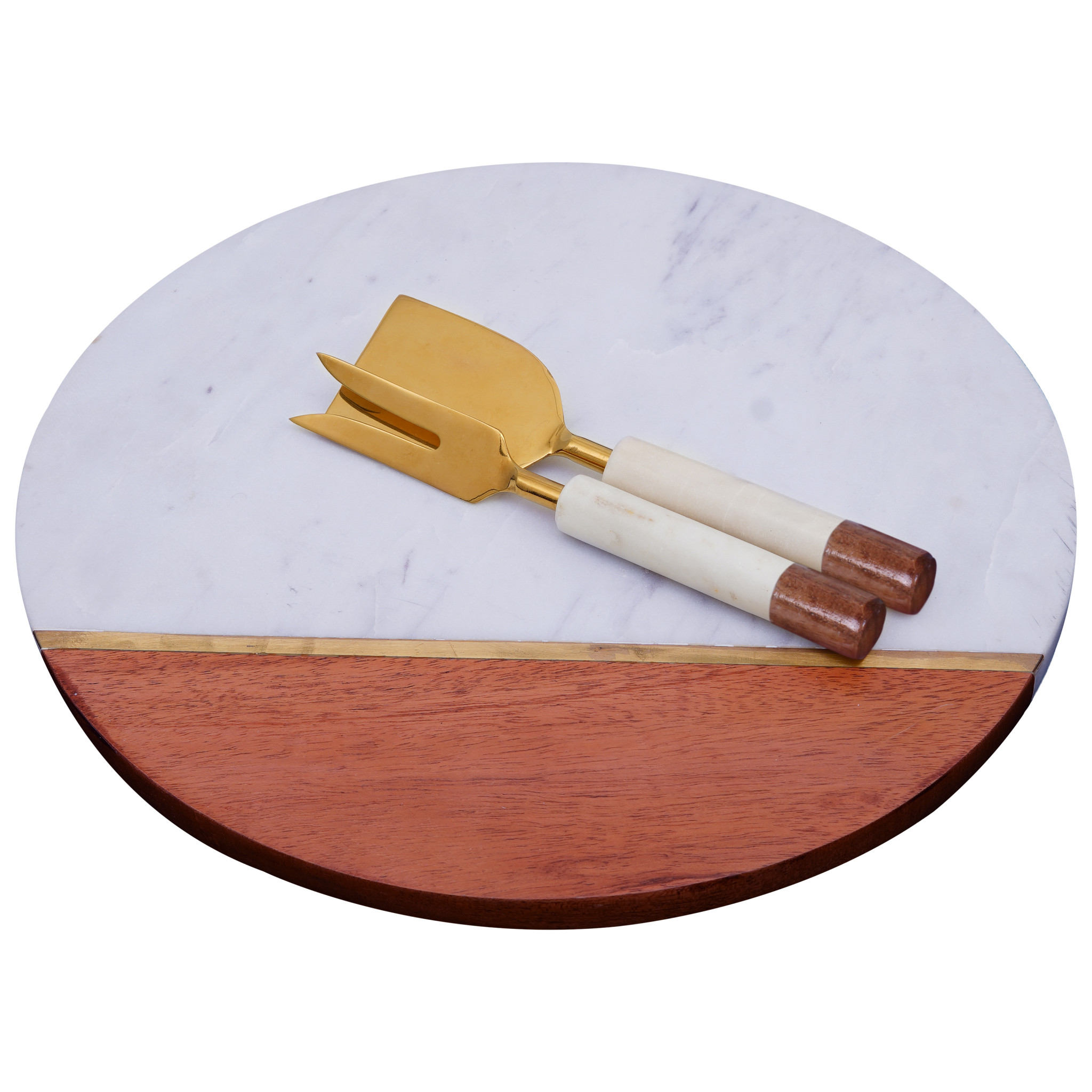 12" Wood and Marble Cheese Board and Knife Set-397797-1