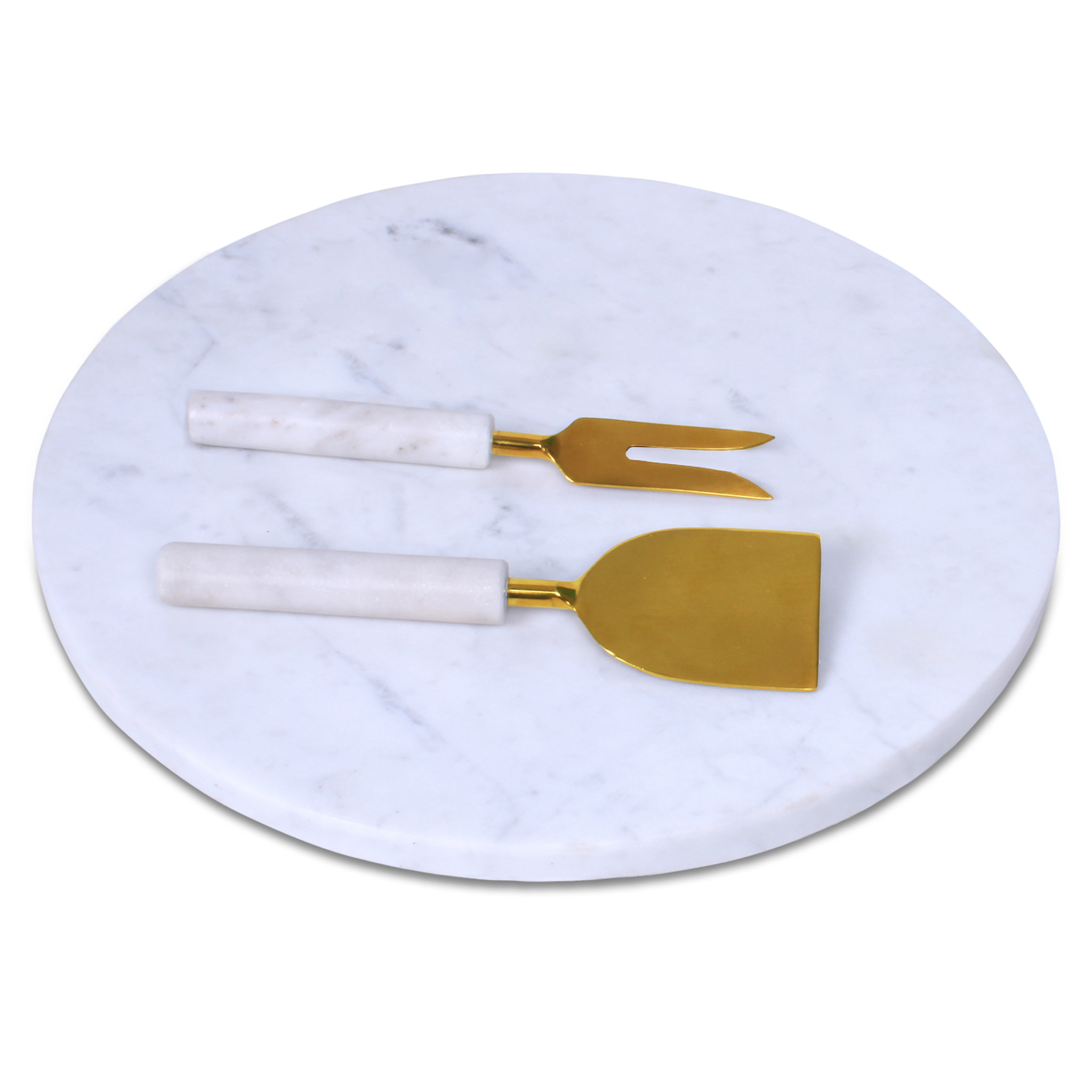 12" White Round Marble Cheese Board With Gold Cheese Knives-397798-1