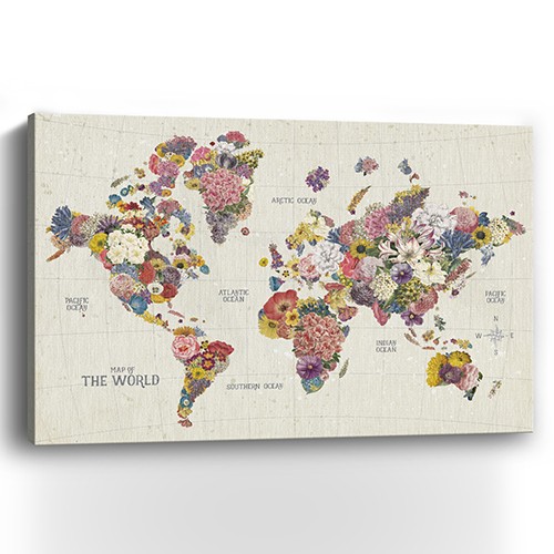 24" x 16" Fun Floral Map of the World Canvas Wall Art-399063-1