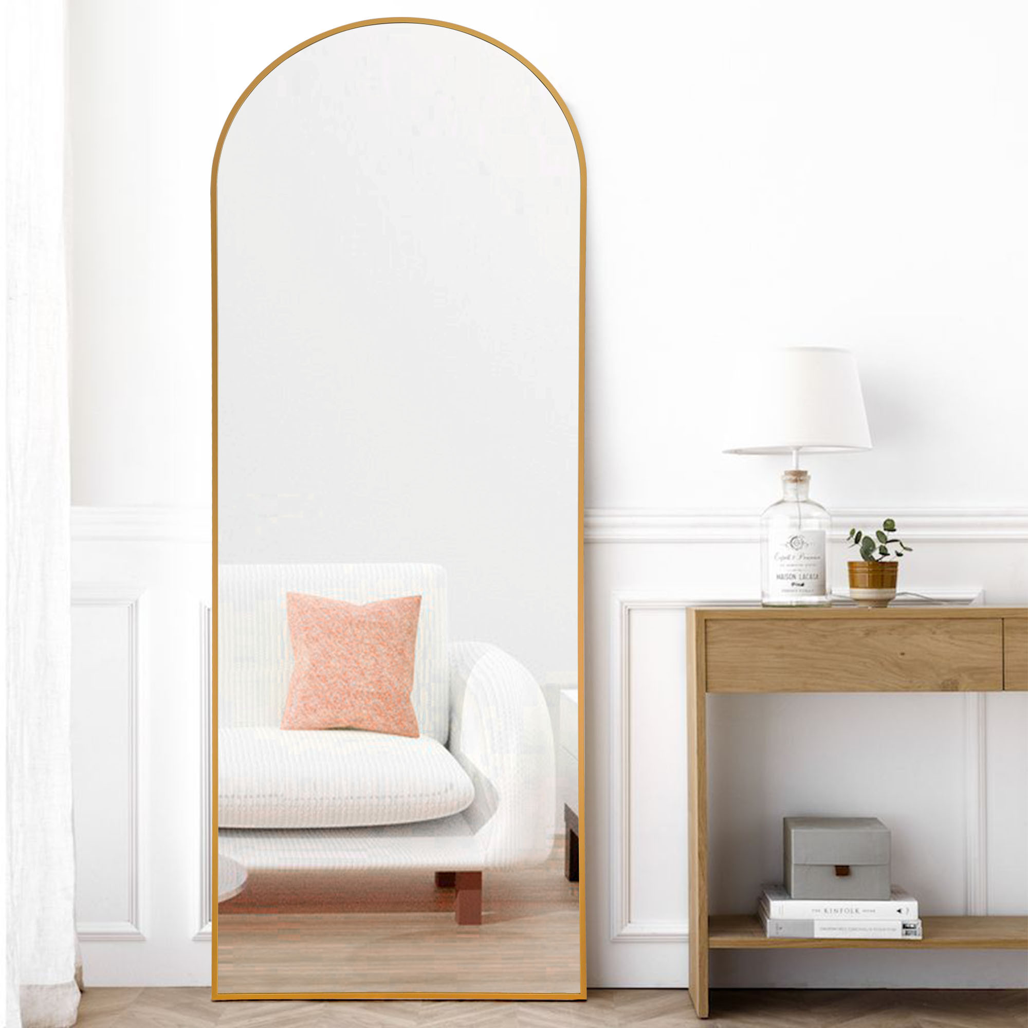 Narrow Gold Arched Full-length Floor Mirror with Stand