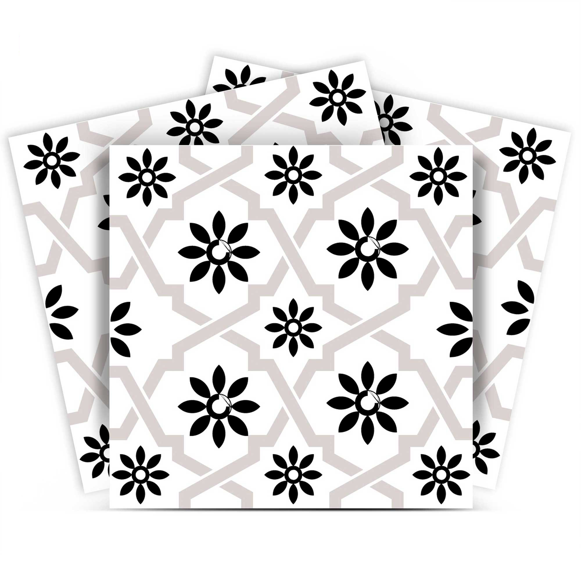 4" X 4" Black and White Lil Daisy Peel and Stick Removable Tiles-399905-1