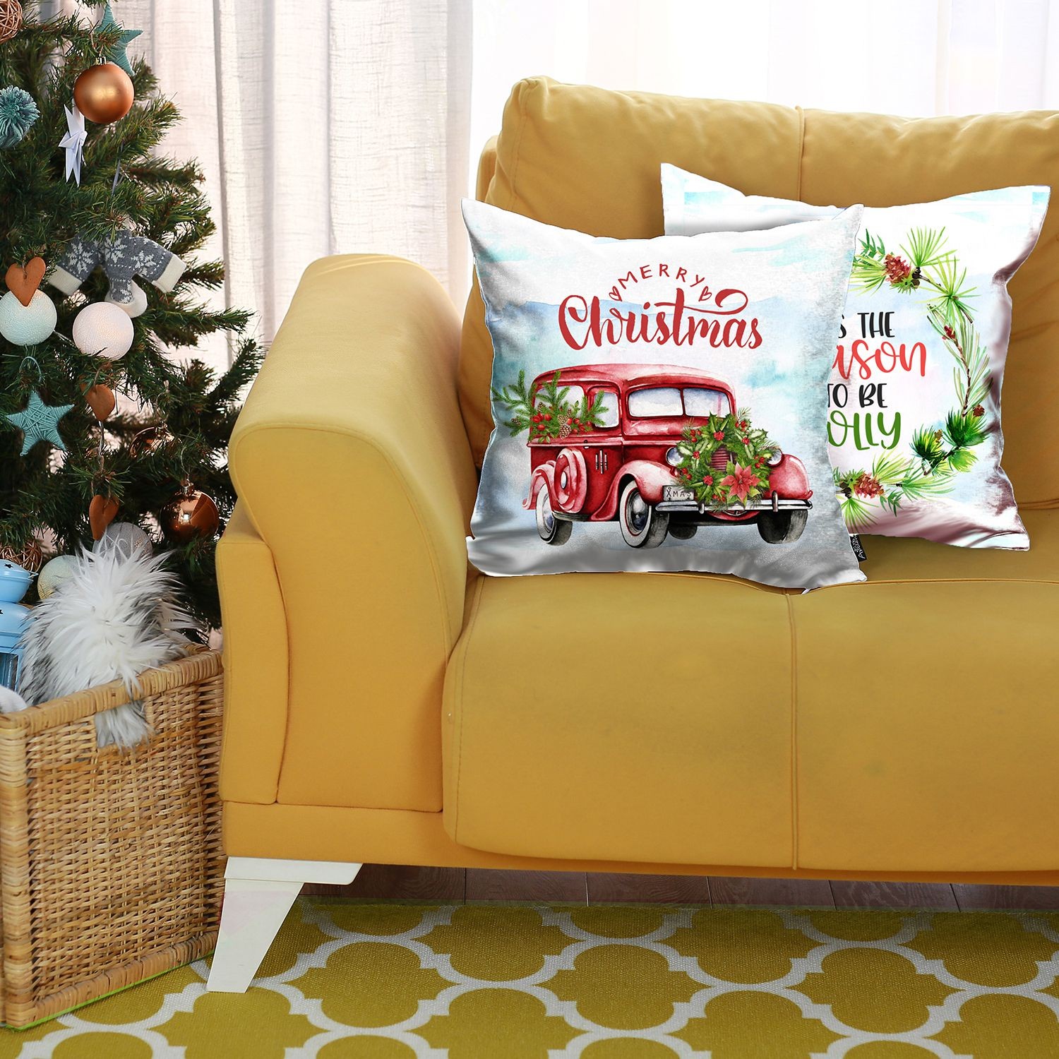 Set of Two Red White and Blue Merry Christmas Christmas Christmas Wreath Throw Pillow Cover