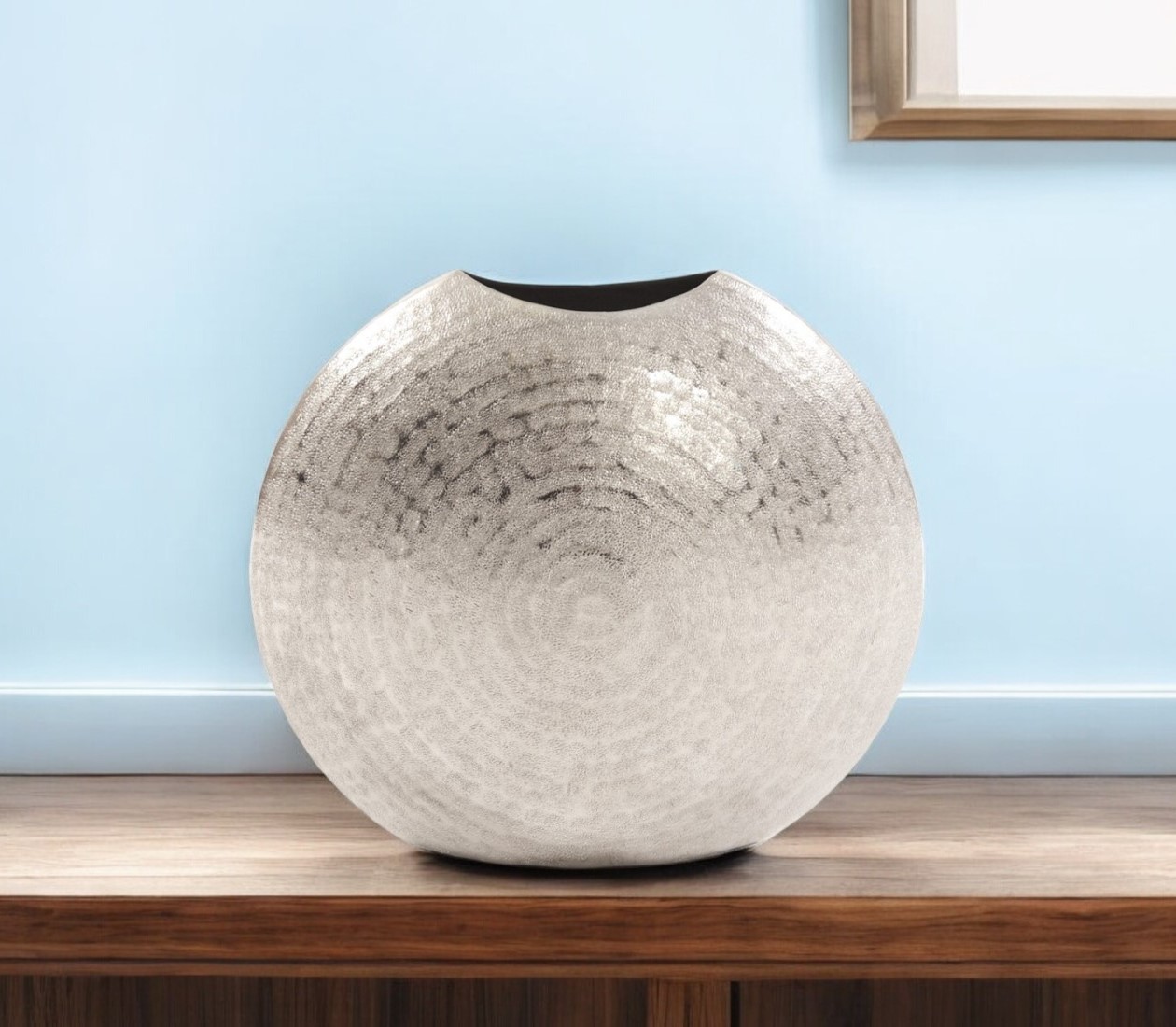 10 Inch Hammered Silver Disc Decorative Vase