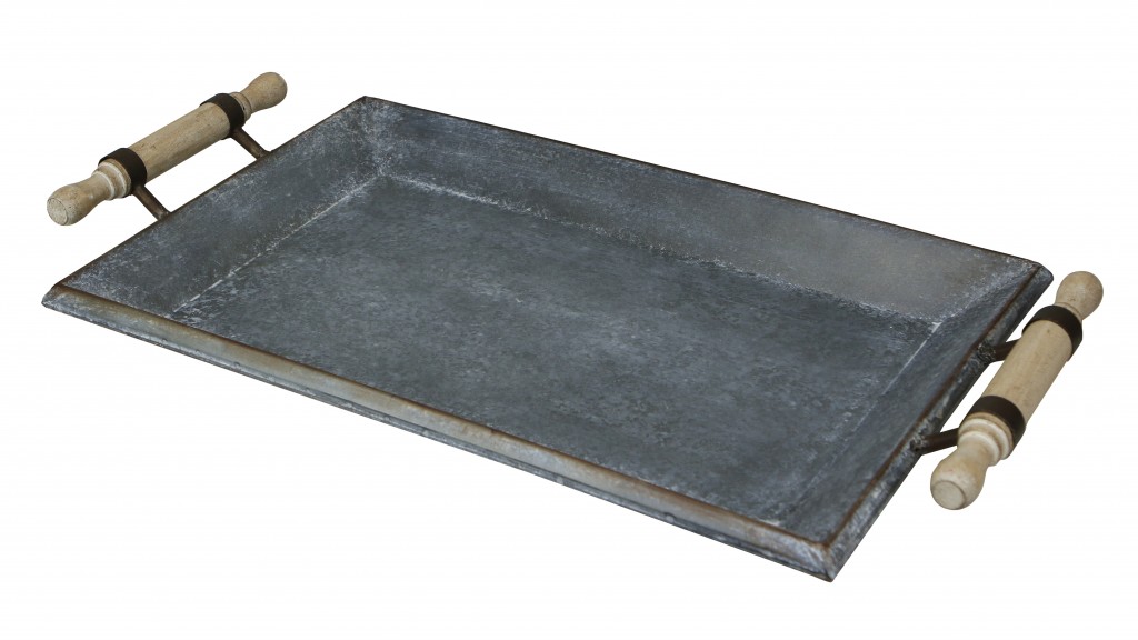 Rustic Galvanized Gray Metal Tray with Rolling Pin Handles
