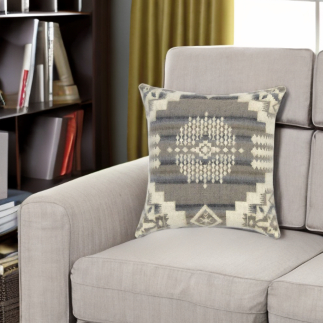 16" Gray and White Southwestern Acrylic Throw Pillow Cover