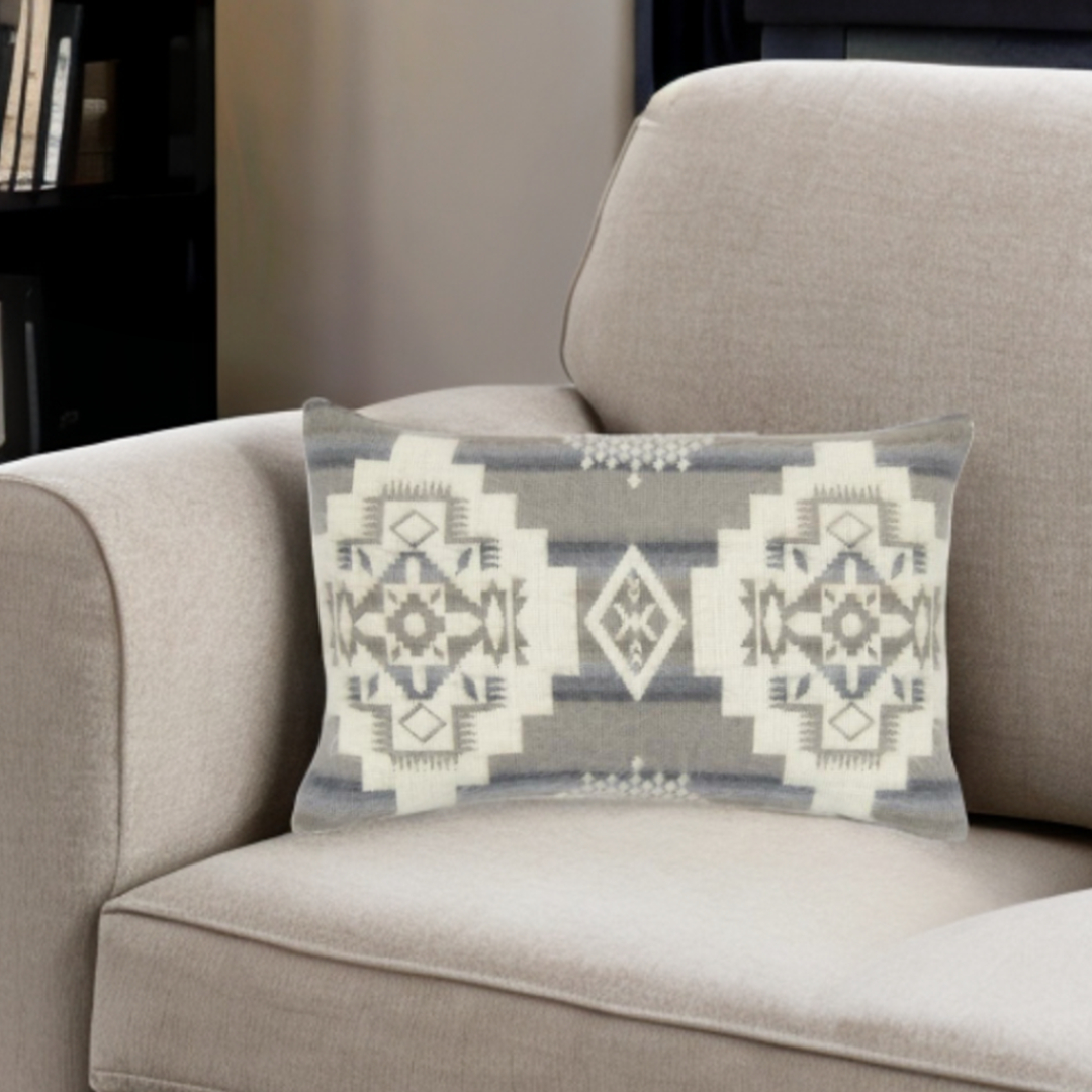 14" X 20" Gray and White Southwestern Acrylic Throw Pillow Cover