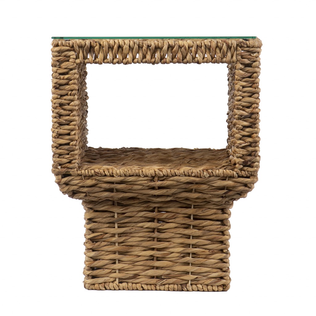 23"" Brown And Clear Glass And Rattan Wicker Square End Table