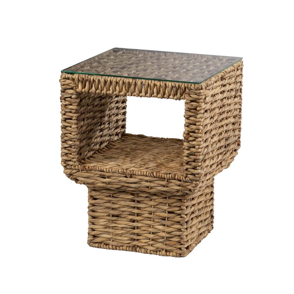 23"" Brown And Clear Glass And Rattan Wicker Square End Table