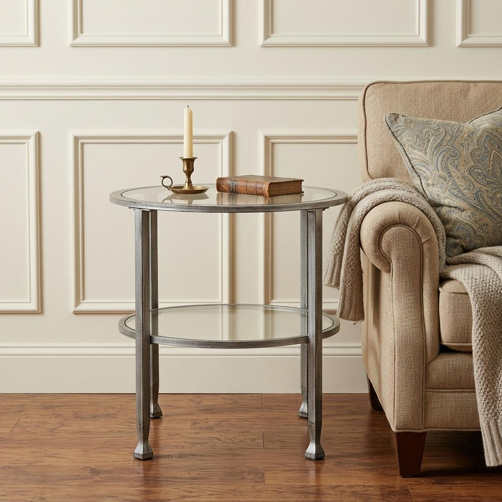 24" Silver And Clear Glass And Distressed Iron Round End Table With Shelf