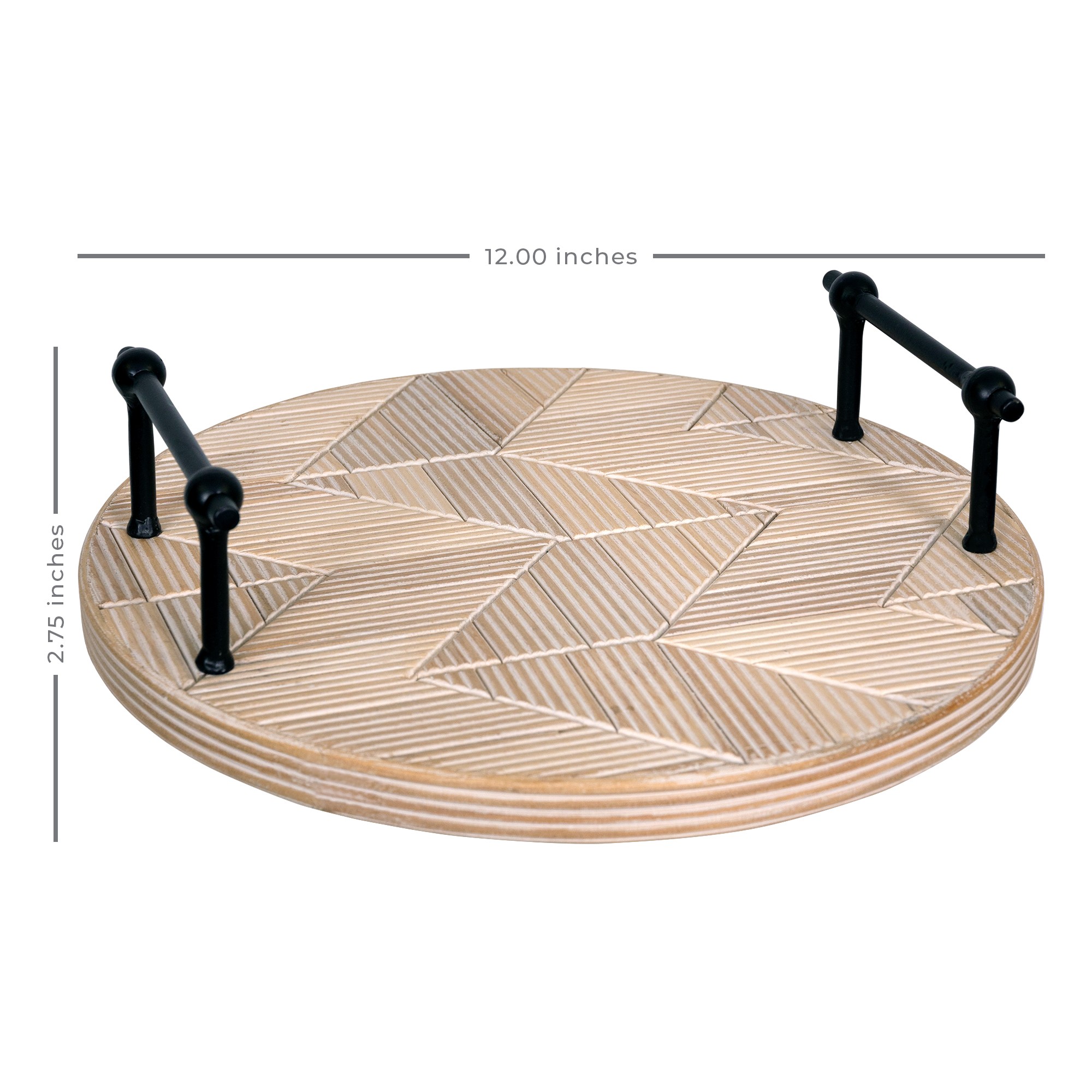Modern Rustic Carved Chevron Round Tray with Handles
