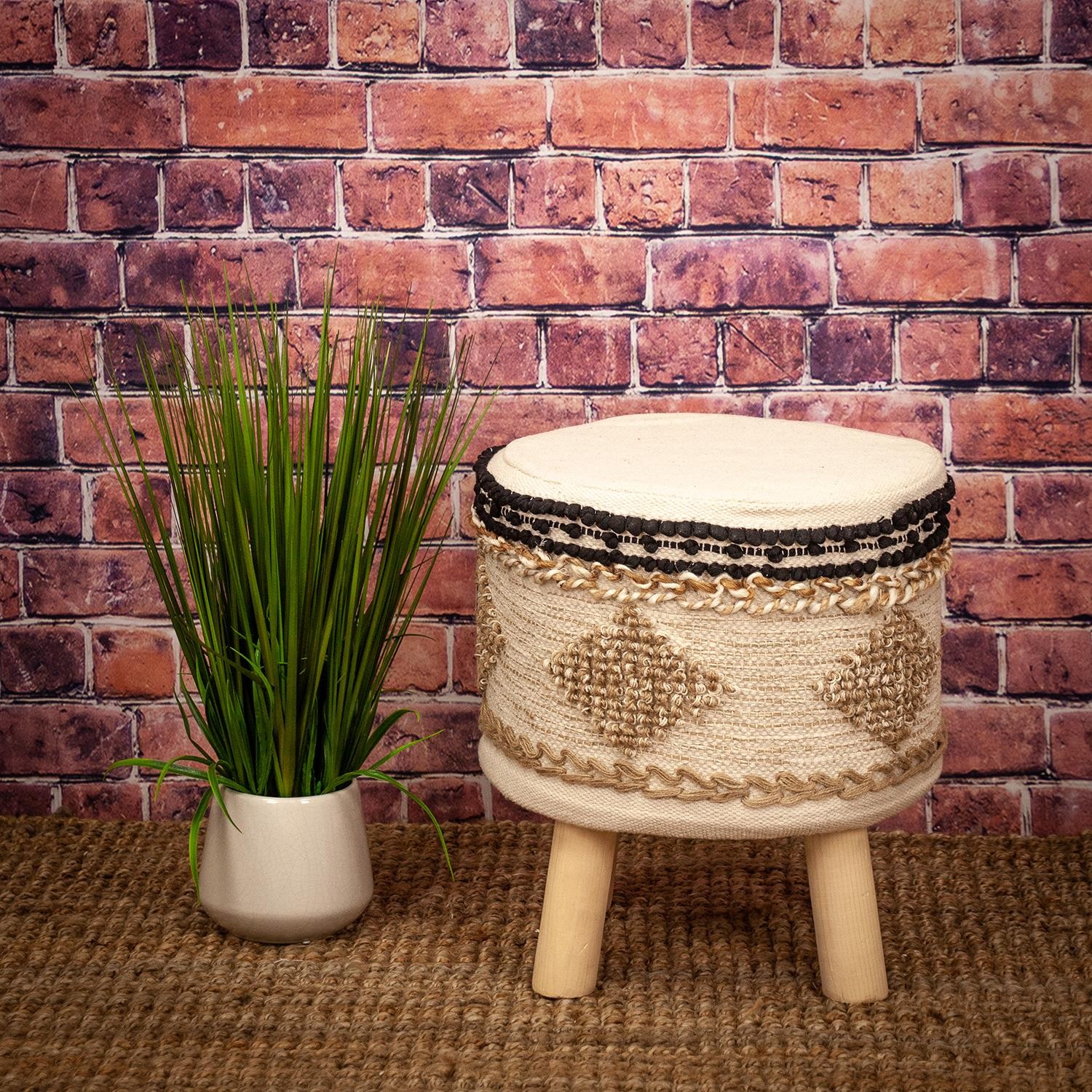 Boho Beige and Black Cotton Jute Stool