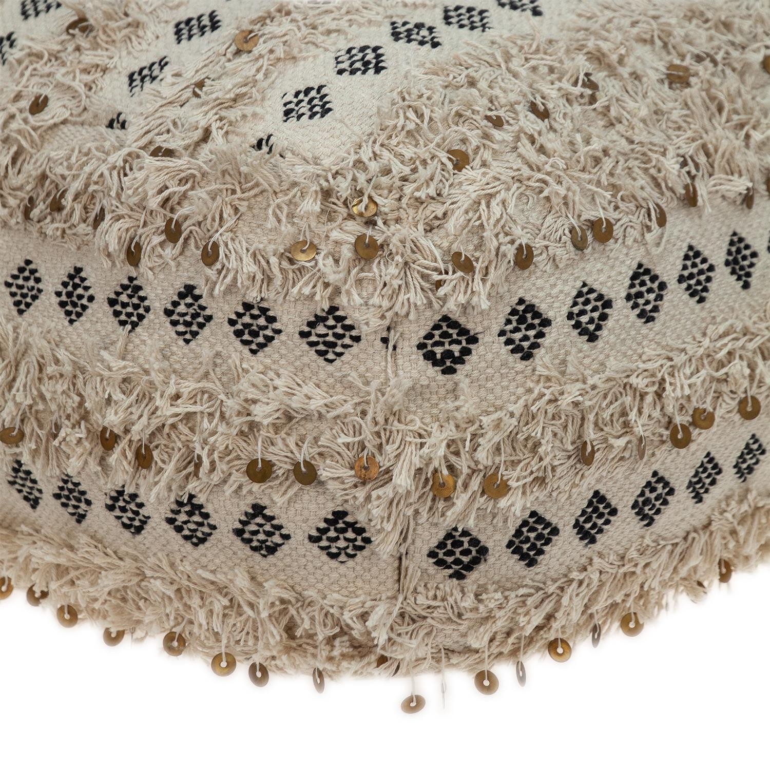 Boho Fringed Beige and Black Handwoven Pouff Ottoman