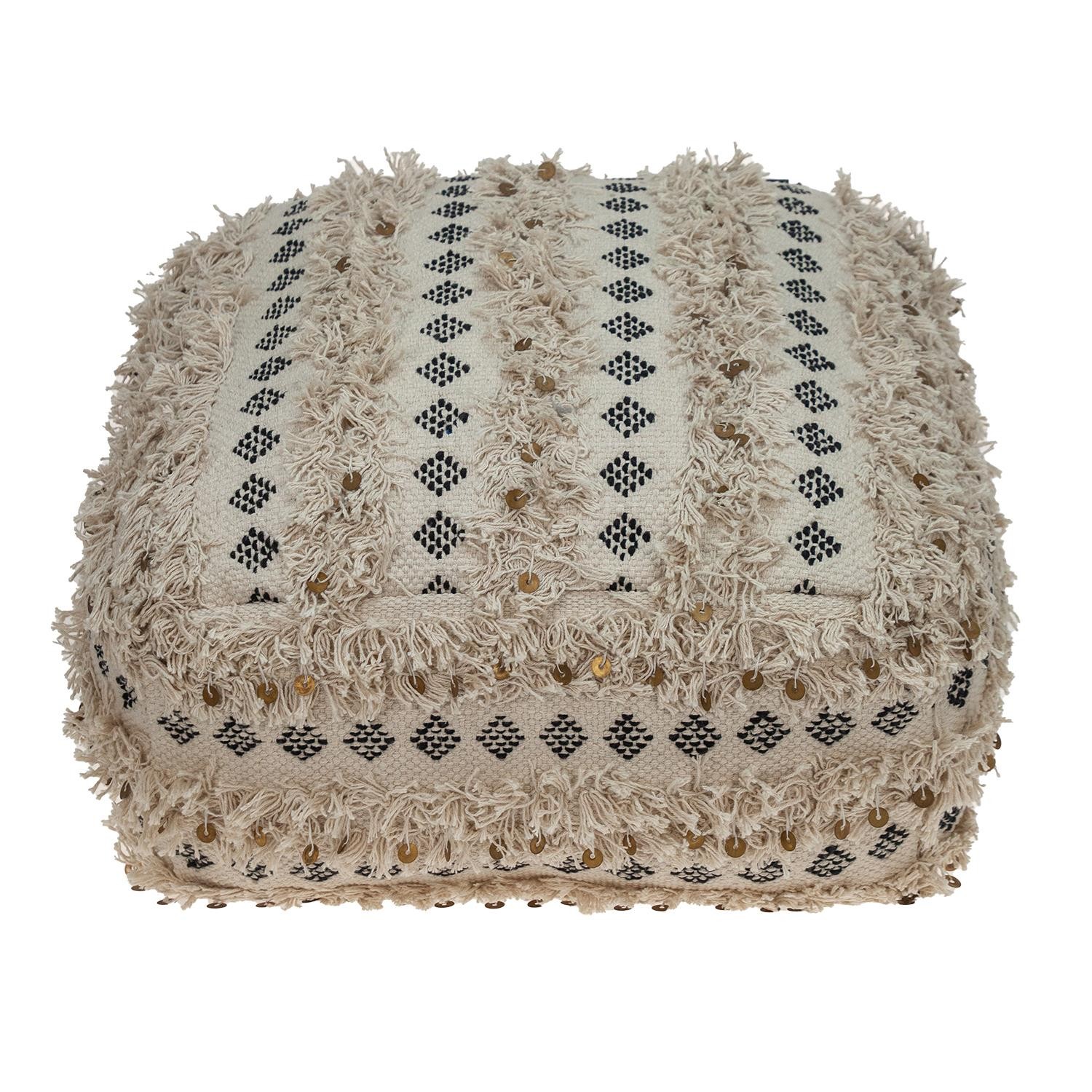 Boho Fringed Beige and Black Handwoven Pouff Ottoman