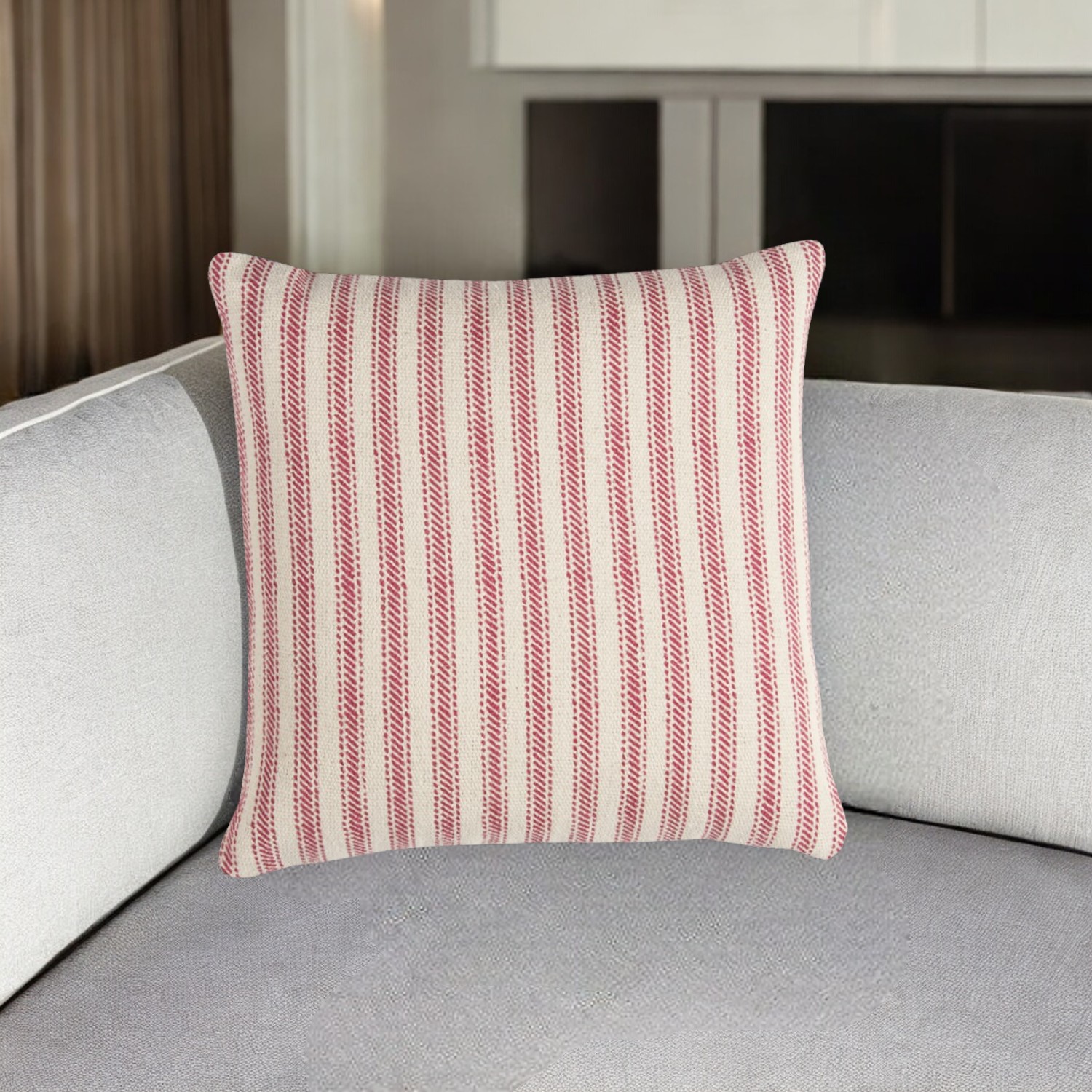 20" Red and Natural Ticking Stripe Cotton Throw Pillow-403222-1