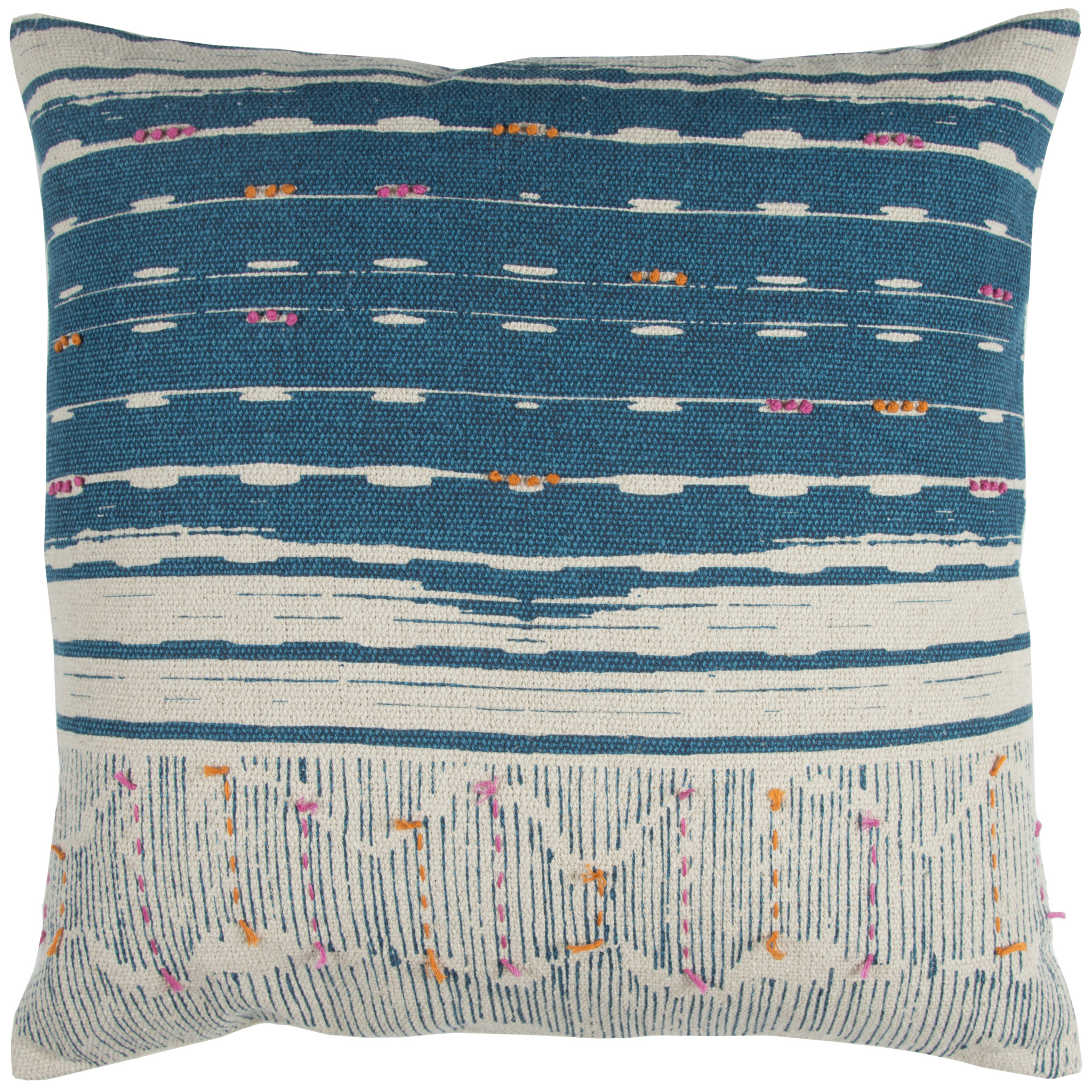 Teal White Kantha Stitch and Knots Throw Pillow-403253-1