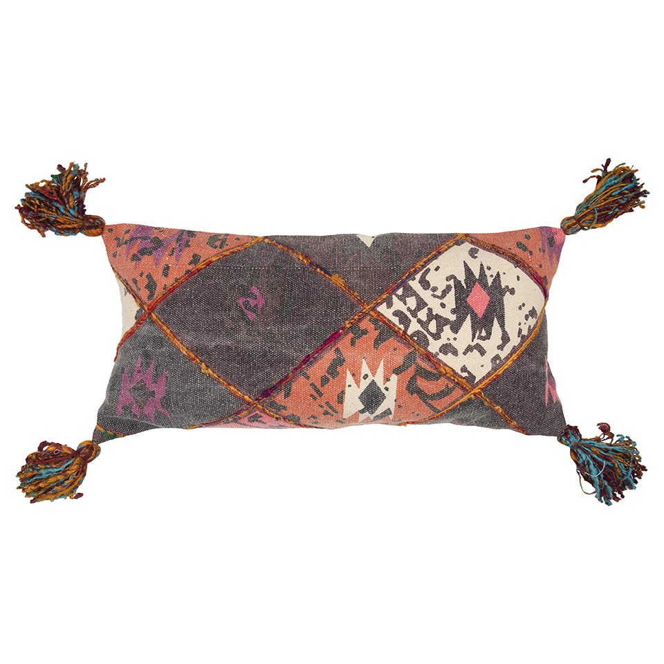 Peach Gray Tribal Corner Tasseled Lumbar Pillow-403358-1