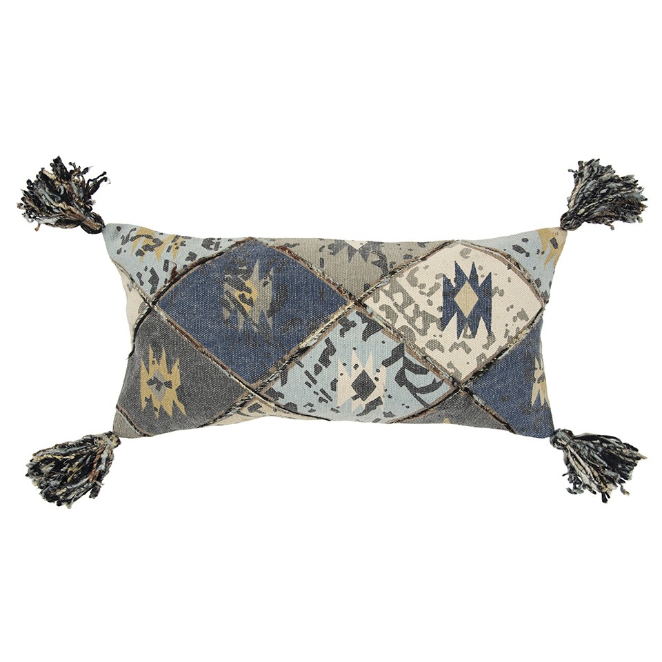 Indigo Gray Tribal Corner Tasseled Lumbar Pillow-403359-1