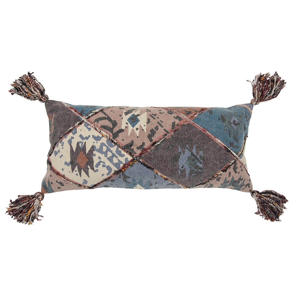 Teal Tan Tribal Corner Tasseled Lumbar Pillow-403360-1