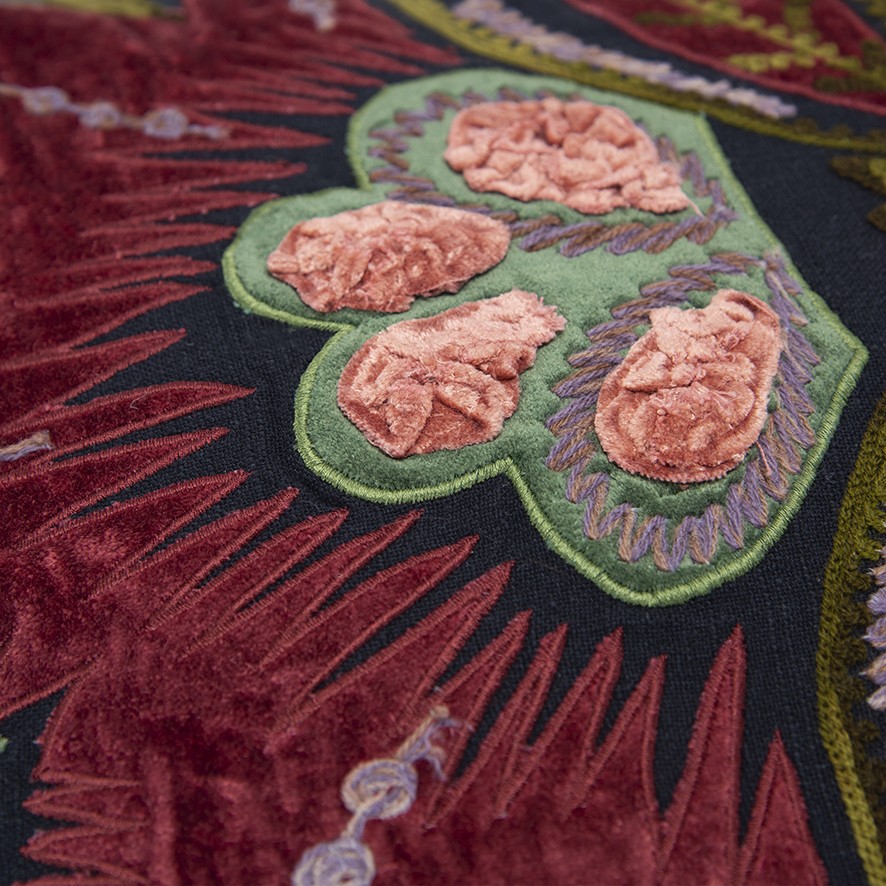 Black Red Jacobean Floral Appliqued Throw Pillow