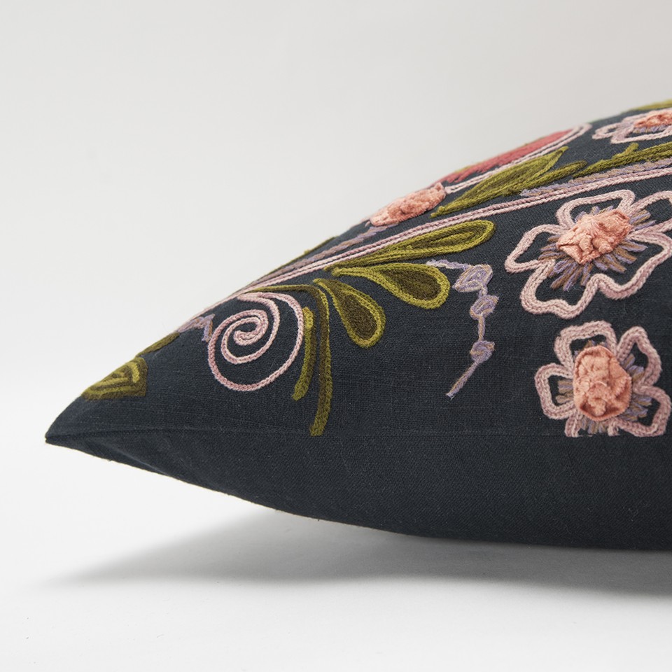 Black Red Jacobean Floral Appliqued Throw Pillow