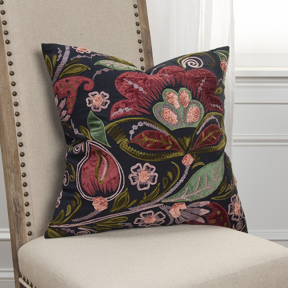 Black Red Jacobean Floral Appliqued Throw Pillow