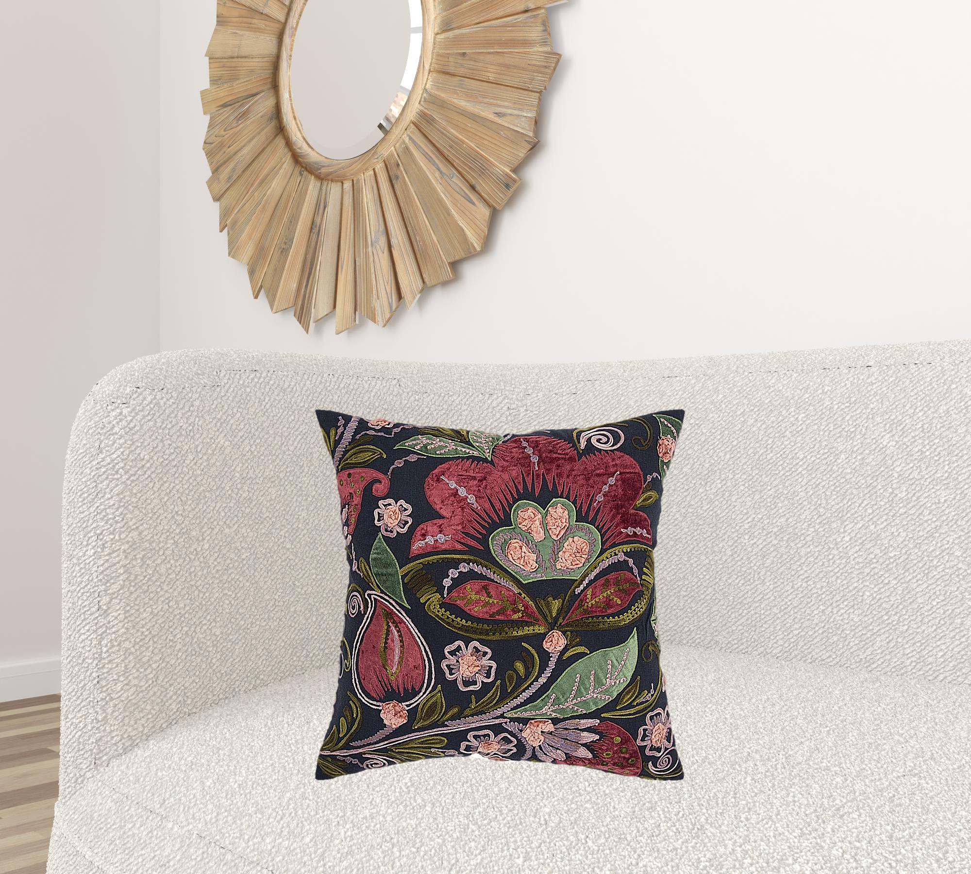 Black Red Jacobean Floral Appliqued Throw Pillow