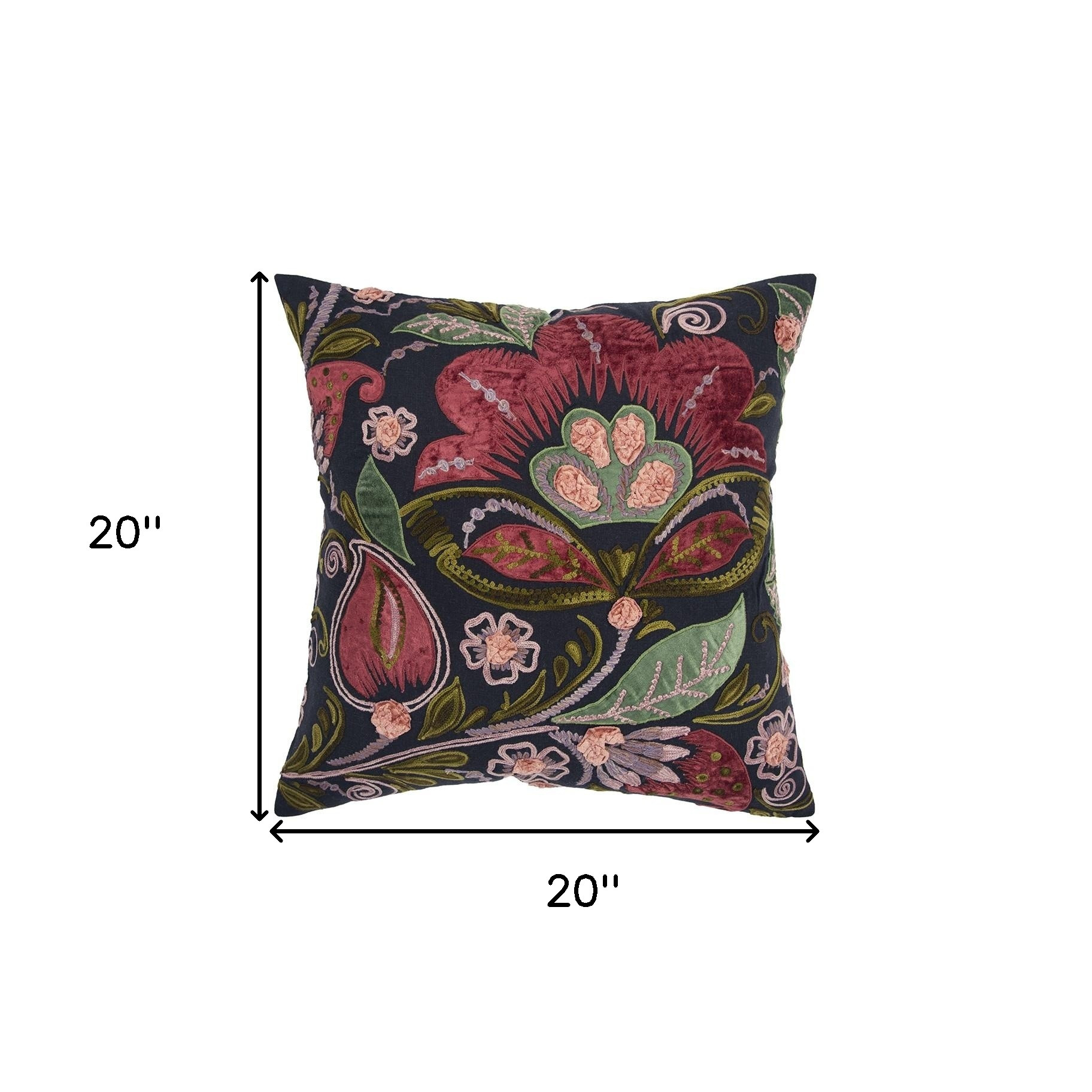 Black Red Jacobean Floral Appliqued Throw Pillow