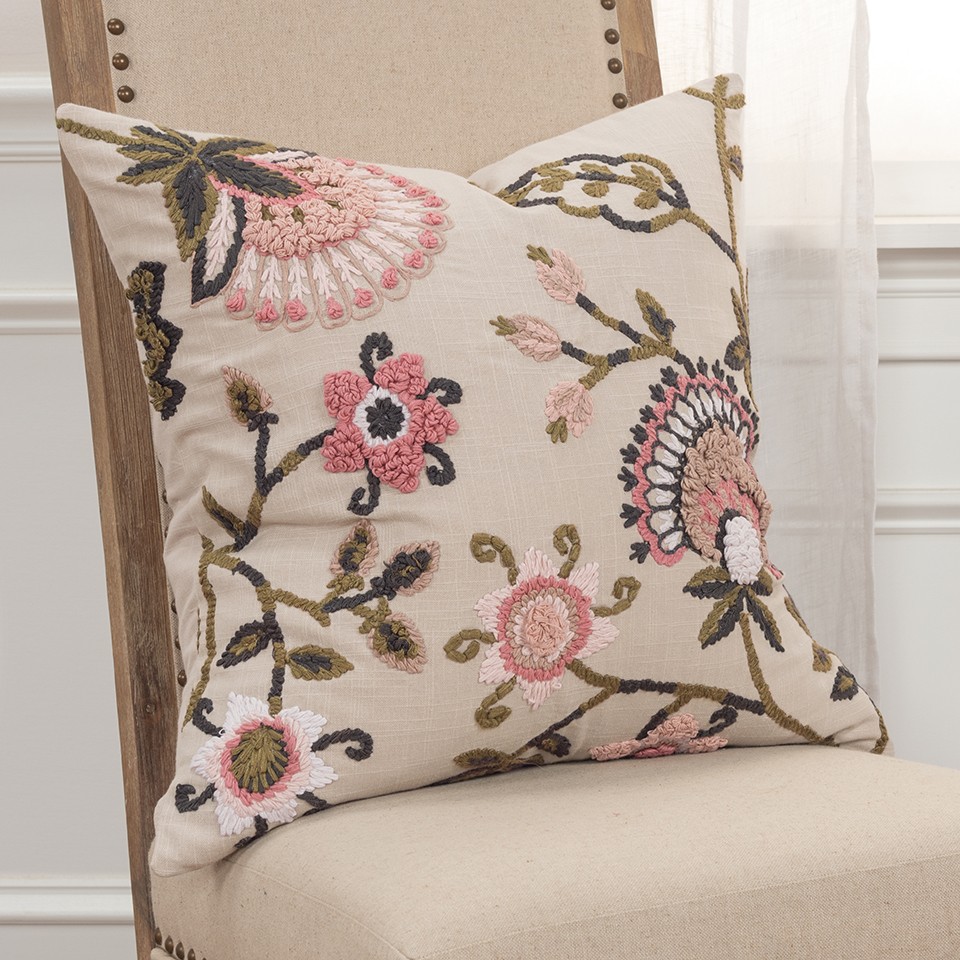 Blush Botanical Pattern Embroidered Throw Pillow