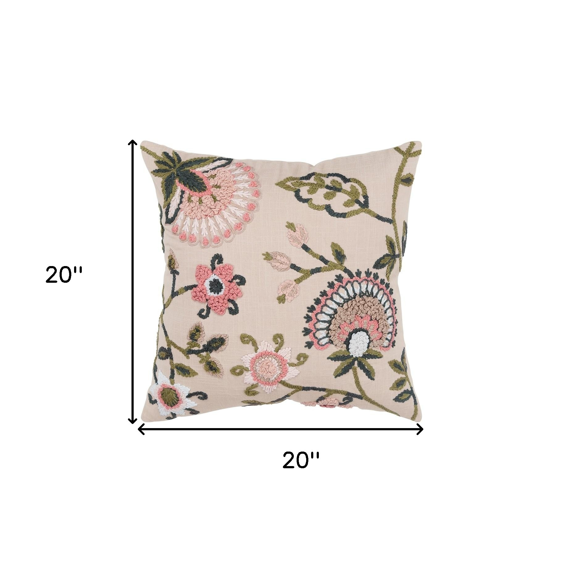 Blush Botanical Pattern Embroidered Throw Pillow