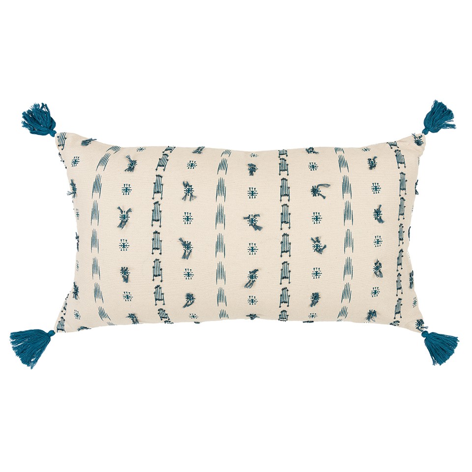 Teal Beige Tribal Inspired Tasseled Lumbar Pillow-403385-1