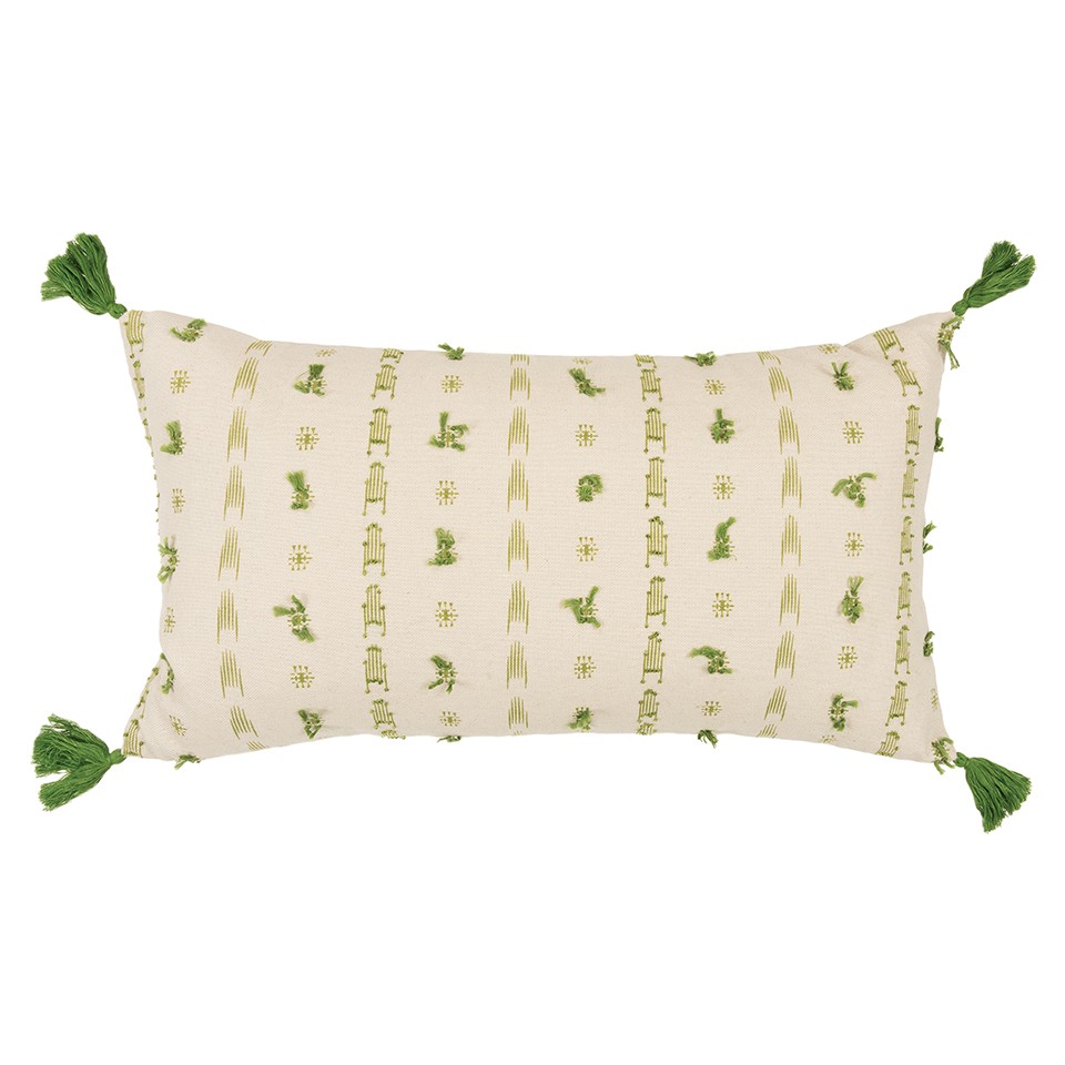 Green Beige Tribal Inspired Tasseled Lumbar Pillow-403386-1