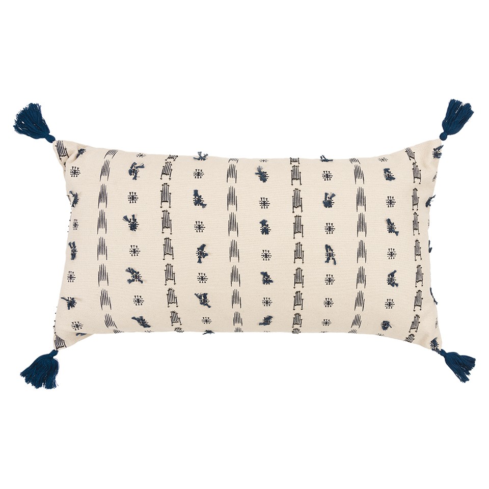 Blue Beige Tribal Inspired Tasseled Lumbar Pillow-403388-1