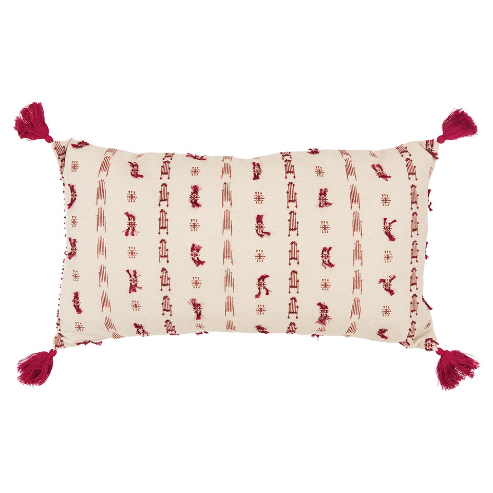 Red Beige Tribal Inspired Tasseled Lumbar Pillow-403390-1
