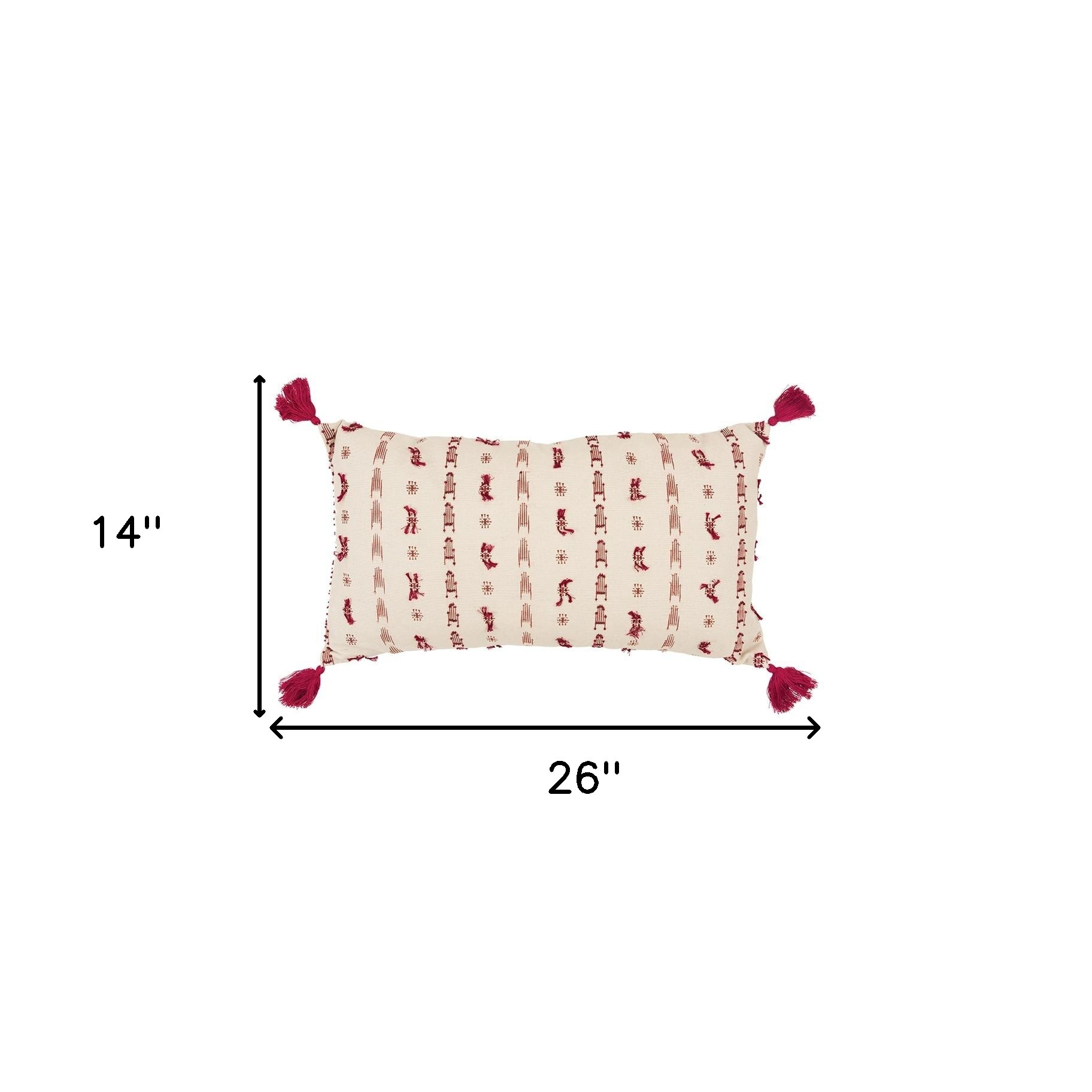 Red Beige Tribal Inspired Tasseled Lumbar Pillow